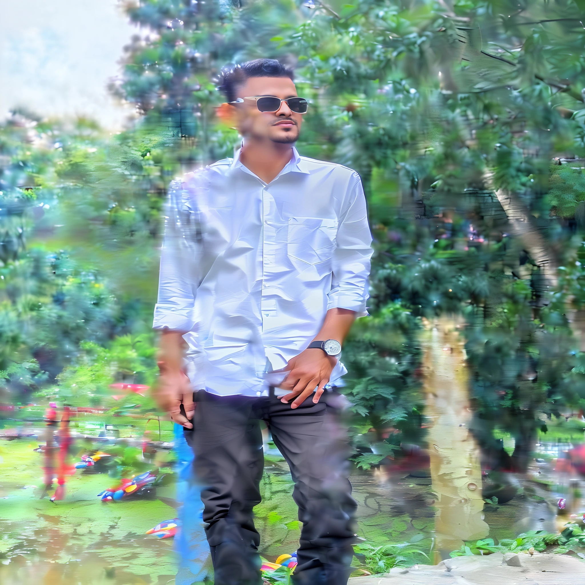 arafed man standing on a brick walkway in a park, with a cool pose, casual photography, with lovely look, jayison devadas style, cool pose, full body photogenic shot, casual pose, at college, assamese aesthetic, stylish pose, in front of a forest background, candid picture, wearing a dark shirt and jeans