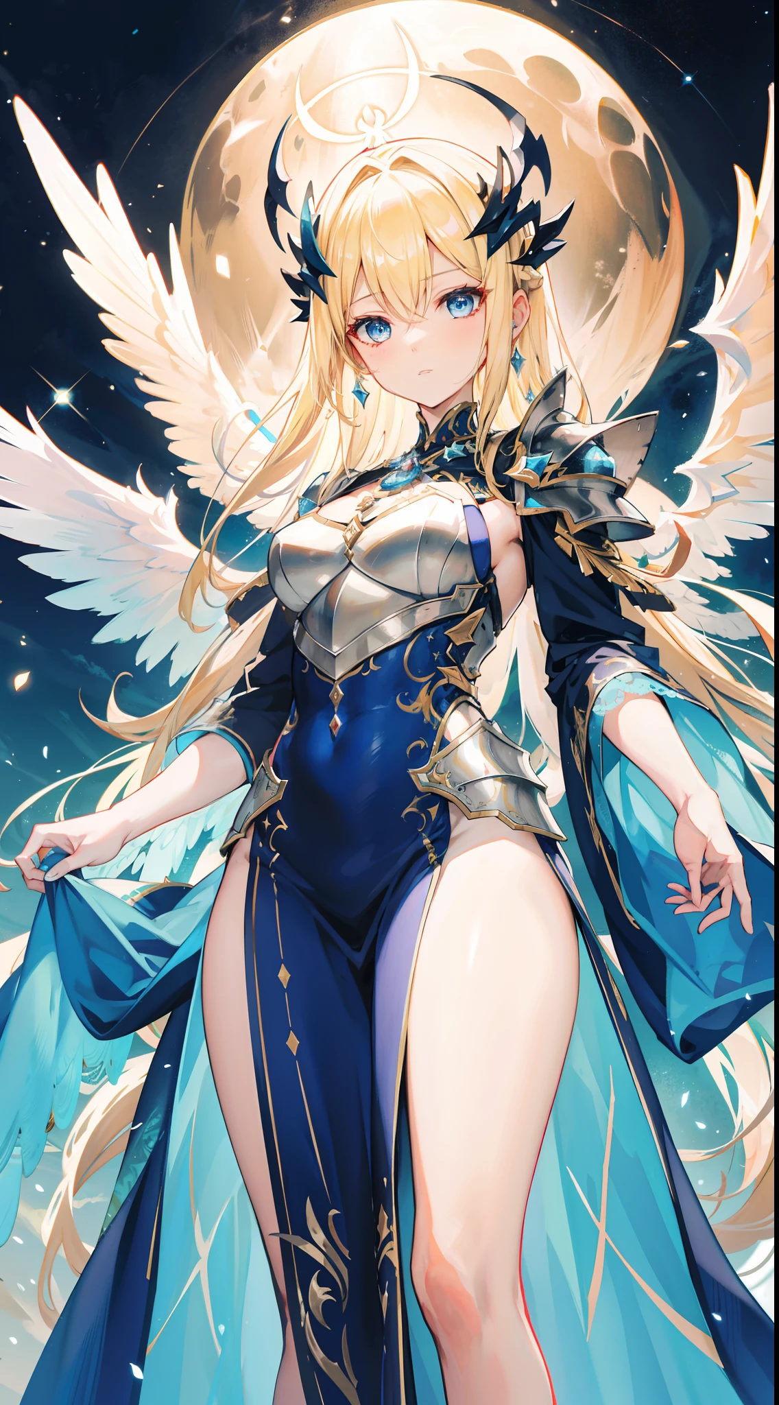 "Generate an image portraying Viona true form with blonde hair and sharp blue eyes, concealed beneath a thick armor of radiant light, adorned with majestic wings. Depict her standing regally, her visage obscured by the brilliance of her divine attire. Convey the sense of awe and reverence that her celestial presence commands, as she stands as the epitome of otherworldly power and enigma."