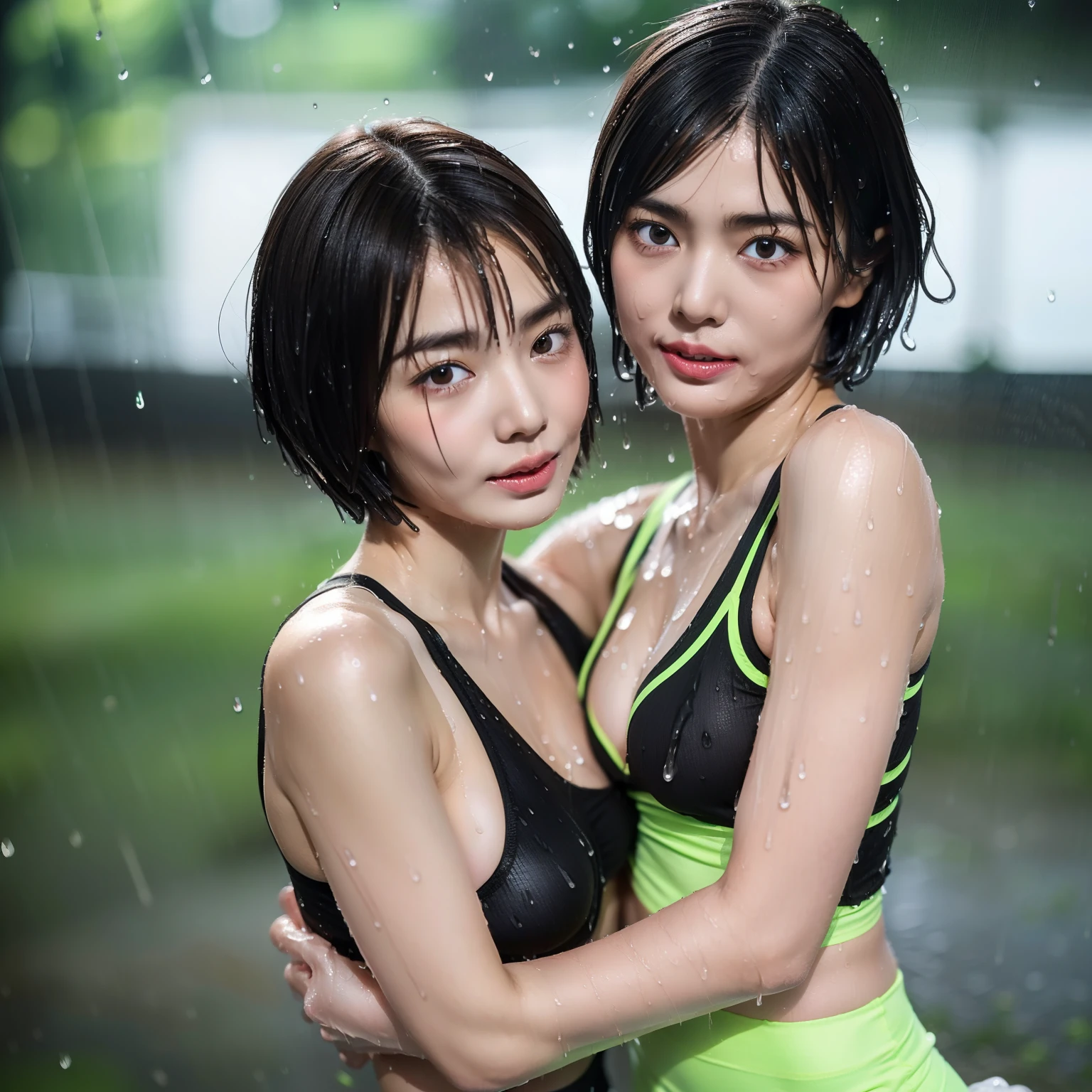 (2girls), (a detailed full body RAW photo of a girl), (masterpiece:1.0), (best quality:1.4), (ultra highres:1.2), (photorealistic:1.4), 8k resolution, Canon EOS R5, 50mm, absurdres, ultra detailed, (18yo), sharp focus, cinematic lighting, detailed beautiful face, (no make up:1.2), (ulzzang-6500-v1.1), petite figure, detailed skin texture, suntan skin, flat chest, (skinny and fit body:1.6), thigh gap, detailed brown hair, sweltering,(very short hair:1.5), realistic glistening skin, (sweating:1.45), nfsw, heavy breathing, humid, (small titts, cameltoe, erect nipples:1.2), (lime green and black nike spandex competition sports bra:1.2), (spandex tights:1.5), (japanese athlete, flat chest:1.5), well-developed abdominal, (hug each other gently:1.5), wet body, (small titts:1.5), (rain:1.5), (wet wear:1.5)