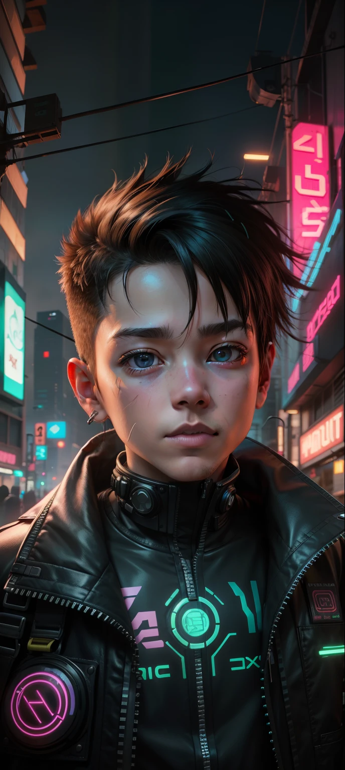Cyberpunk neon toddler realistic face nature handsome boy