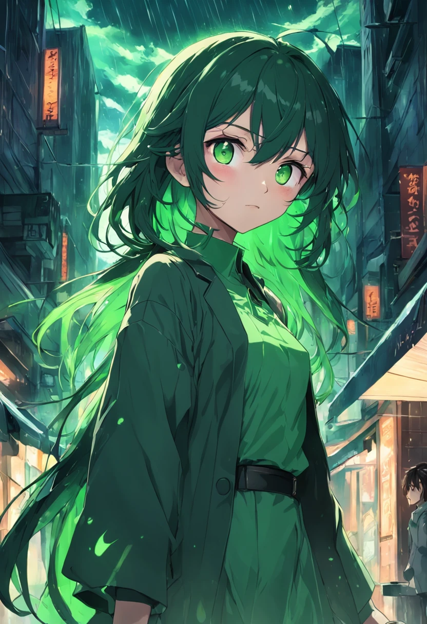 (ember)Humanity,green-eyed,Black hair,There was a little green light floating around,Cafe scene,rainy outside,The upper part of the body,green-eyed,The shirt