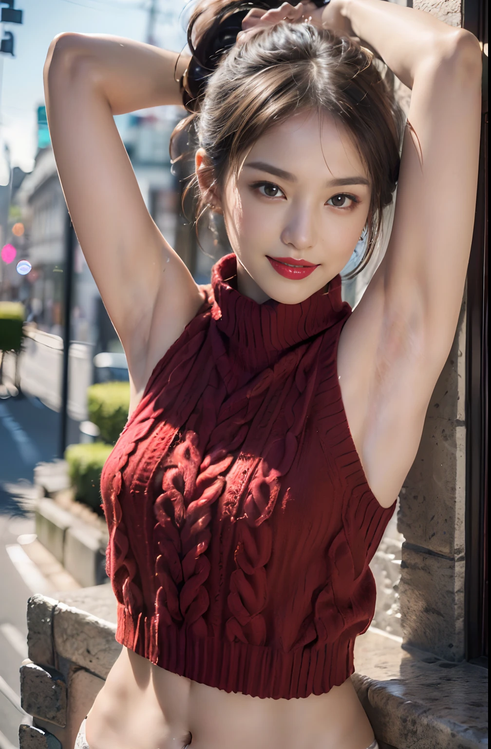 bangs,(large breasts:1.2),(best quality,masterpiece:1.2),1girl,1girl,solo,fair skin,half length,8k,ultra high res,ultra detailed,best quality,looking at viewer,perfect lighting,flat light,ultra high quality,ultra high res,masterpiece,photorealistic,detailed face,perfect anatomy,(simple background),(maroon background),((high necked sleeveless knit)),hair bun,(petite),((upper body)),upper teeth,