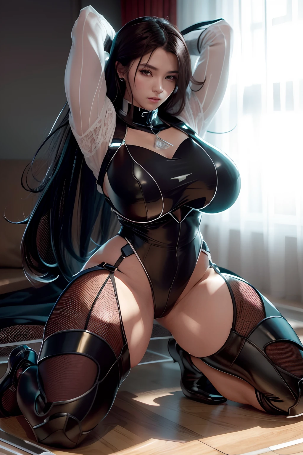 1girll,beautiful vintage color,Instagram,RAW photos,best qualtiy,tmasterpiece:1.2),(realisticlying,Photorealistic:1.3),(Sharp focus:1.2)Black hair, Very long hair,Bare thighs Thick thighs, Large breasts, Muscular,, Leggings, vests, 1 girl, Toned body,eBlue eyes,beauitful face,Perfect litthing,beatiful detailed eyes,looking at viewert,stunningly beautiful woman,detailed hairstyles,detailed back ground, 超A high resolution, Depth of field, color difference, Caustics, Broad lighting, Nature Kpop idol,tmasterpiece,Best quality,((best qualtiy)),。.3D, hdr(HighDynamicRange),Ray traching,NVIDIA RTX,Hyper-Resolution,Subsurface scattering、PBR Texture、post-proces、Anisotropy Filtering、depth of fields、maximum definition and sharpness、Many-Layer Textures、Albedo e mapas Speculares、Surface coloring、perfectly proportions、rendering by octane、Two-colored light、largeaperture、Low ISO、White balance、the rule of thirds、8K raw data,White lace vest,White lace transparent raised briefs photo (Extremely long hair), Solo, Express wishes, (Fundoshi), (Topless), White vest only,Bronzed, rosy and radiant skin