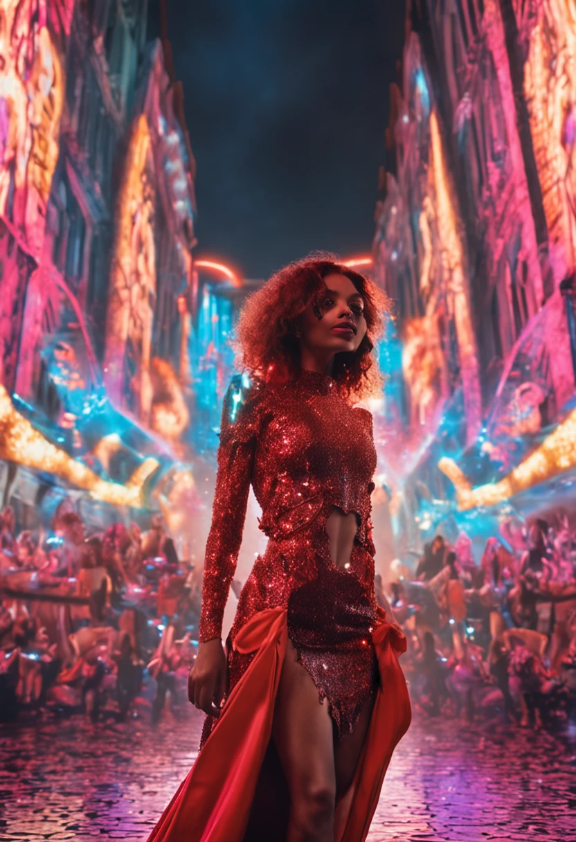 "(mulher ruiva cabelo curto ROSTO ENCANTADOR POSANDO COM OLHOS BRILHANTES DE ENERGIA VERMELHA) | (ARMADURA PRETA AJUSTADA ENVOLVENDO SEU CORPO):1.2" FLOATING ABOVE THE ADORING CROWD".