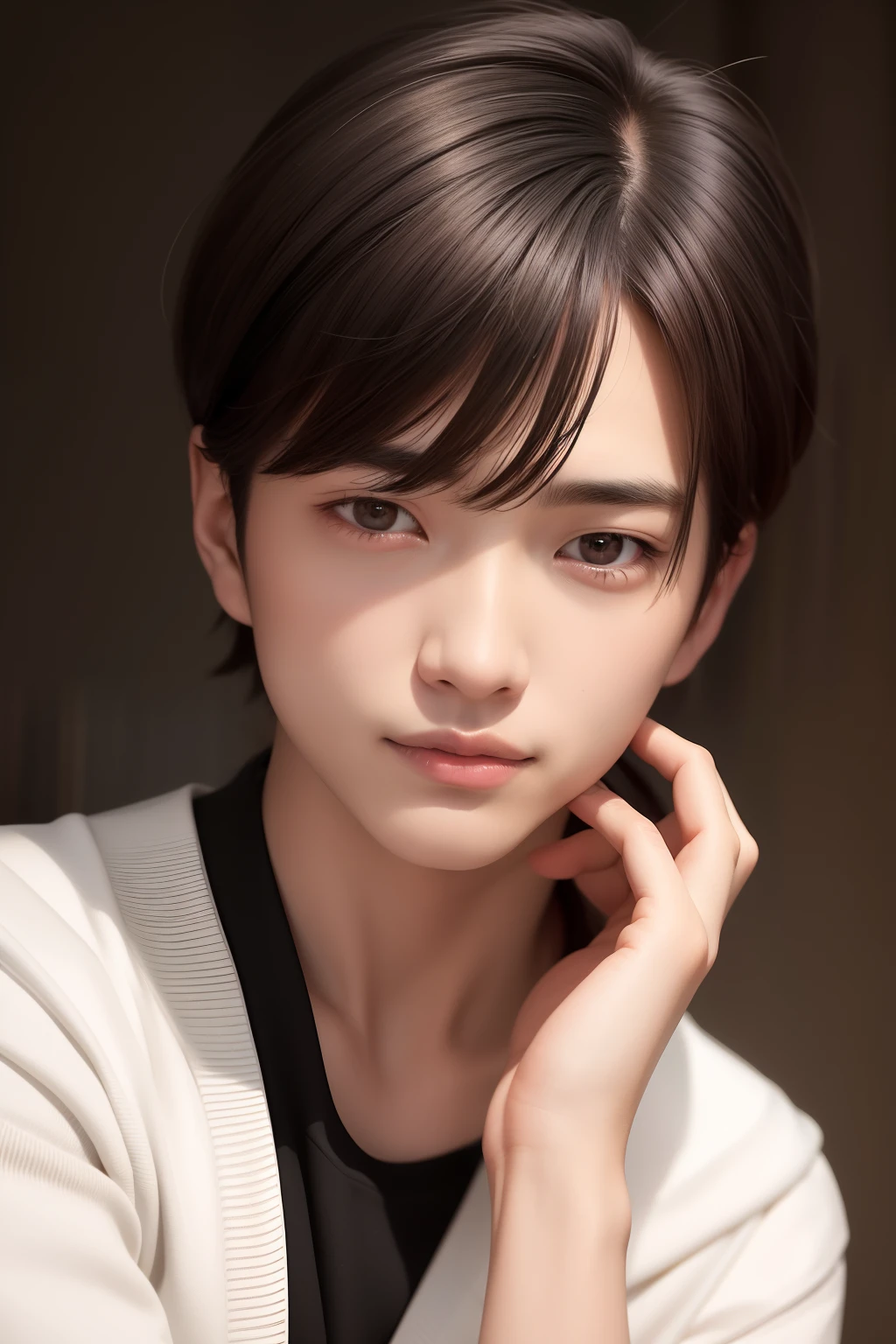 top-quality、masterpiece、(Realism:1.2)、1 male、Black hair、Brown-eyed、A detailed face、beautidful eyes、20-year-old man、Asian style handsome、Young face、A slight smil