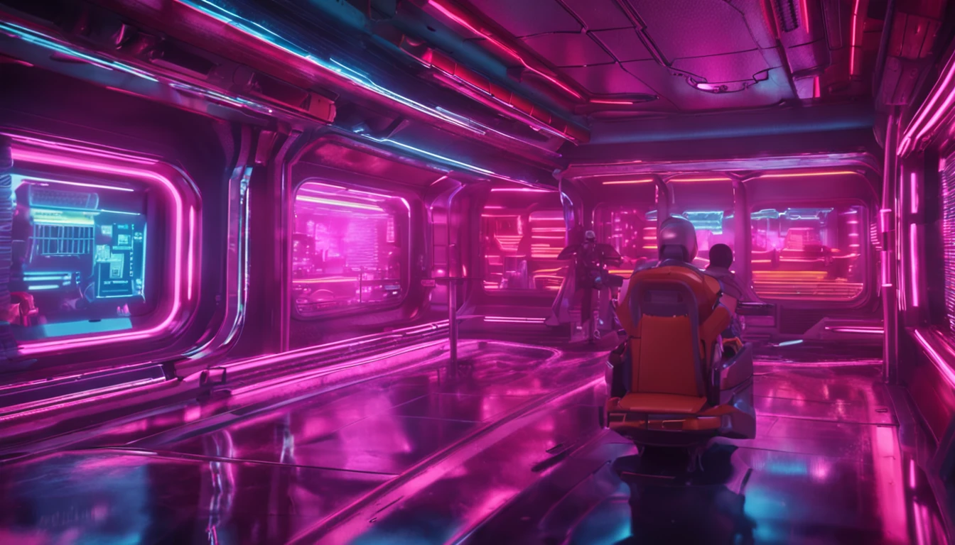 futuristic scene, many neon lights, futuristic robot in a distopic world, detailed, vibrant