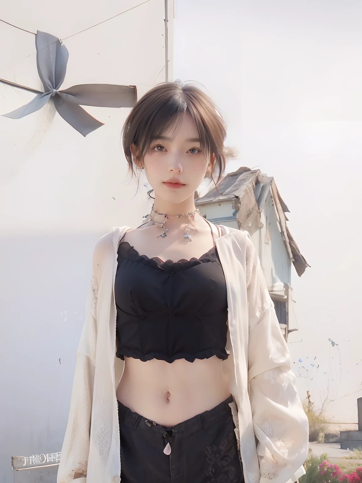 Best quality, Masterpiece, (Photorealistic:1.4), 1 girl, Upper body, Exposed short hair, Corset, necklace, Cute, Flowers around, outside, -- Facial details:1.7 --