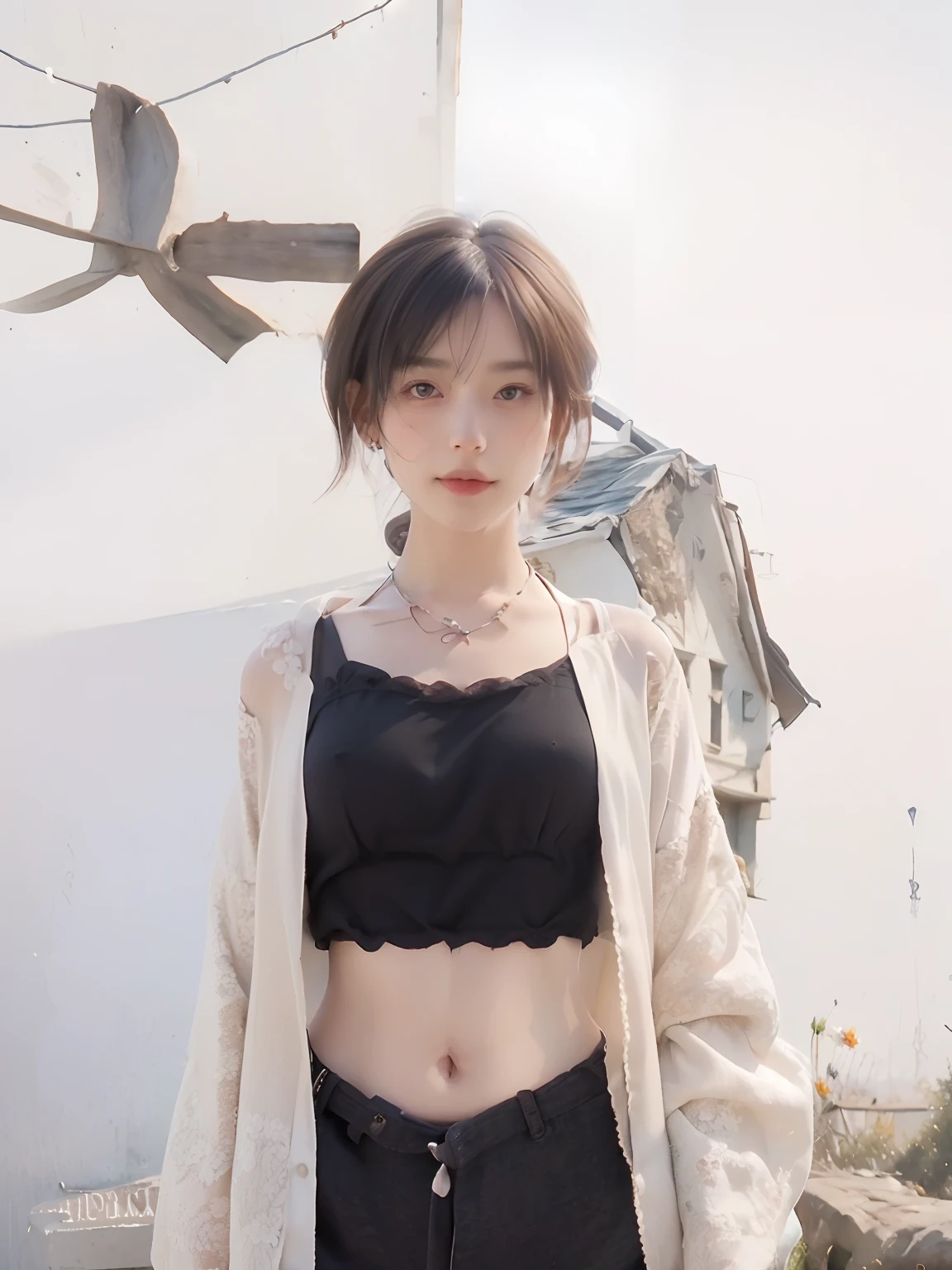 Best quality, Masterpiece, (Photorealistic:1.4), 1 girl, Upper body, Exposed short hair, Corset, necklace, Cute, Flowers around, outside, -- Facial details:1.7 --