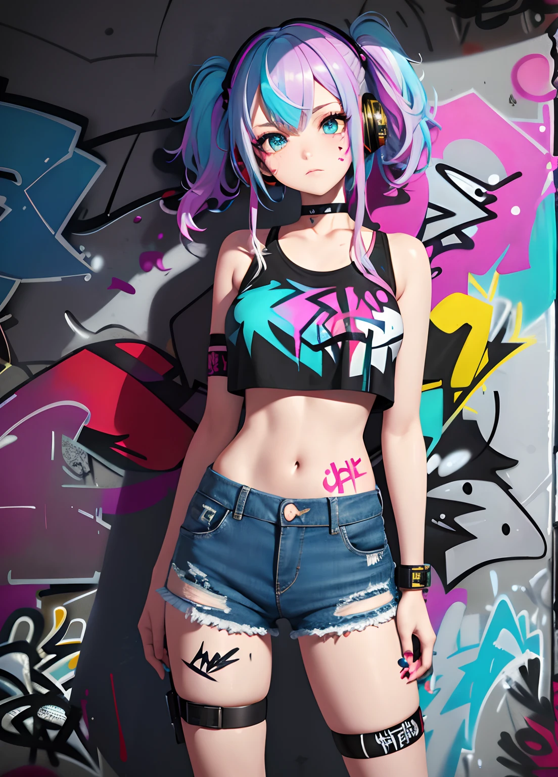 masterpiece, best quality, 1girl, solo, crop top, denim shorts, choker, (graffiti:1.5), paint splatter, arms behind back, against wall, looking at viewer, armband, thigh strap, paint on body, head tilt, bored, multicolored hair, aqua eyes, headset,