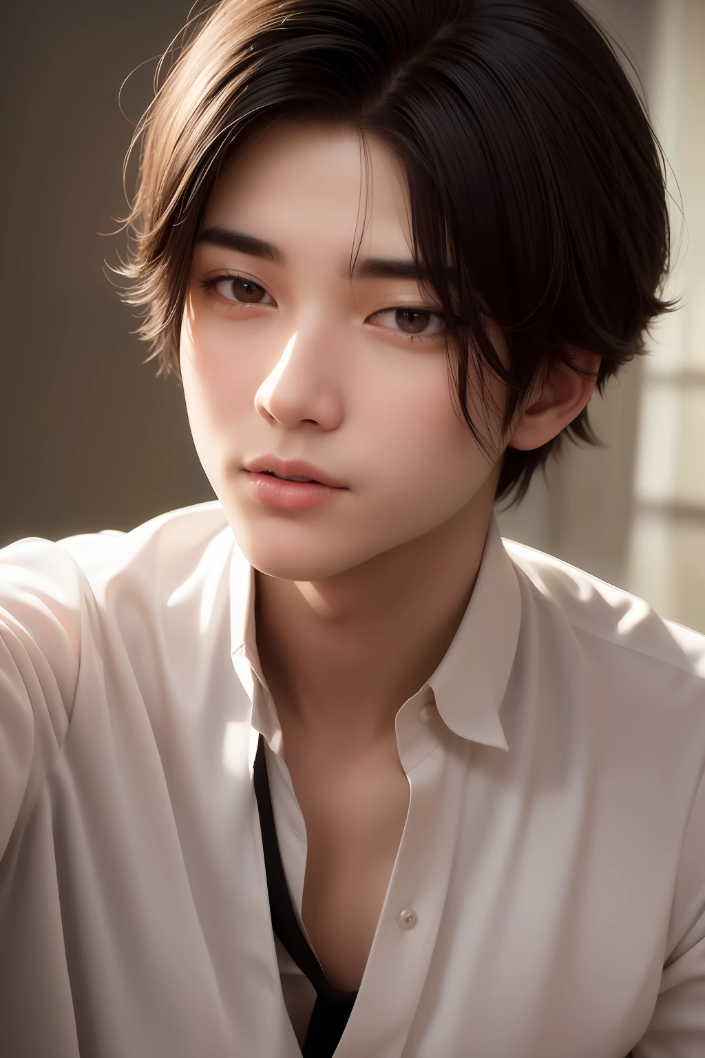 top-quality、​masterpiece、(Realism:1.2)、1 male、Black hair、Brown-eyed、A detailed face、beautidful eyes、20-year-old man、Asian style handsome、Young face、A slight smil