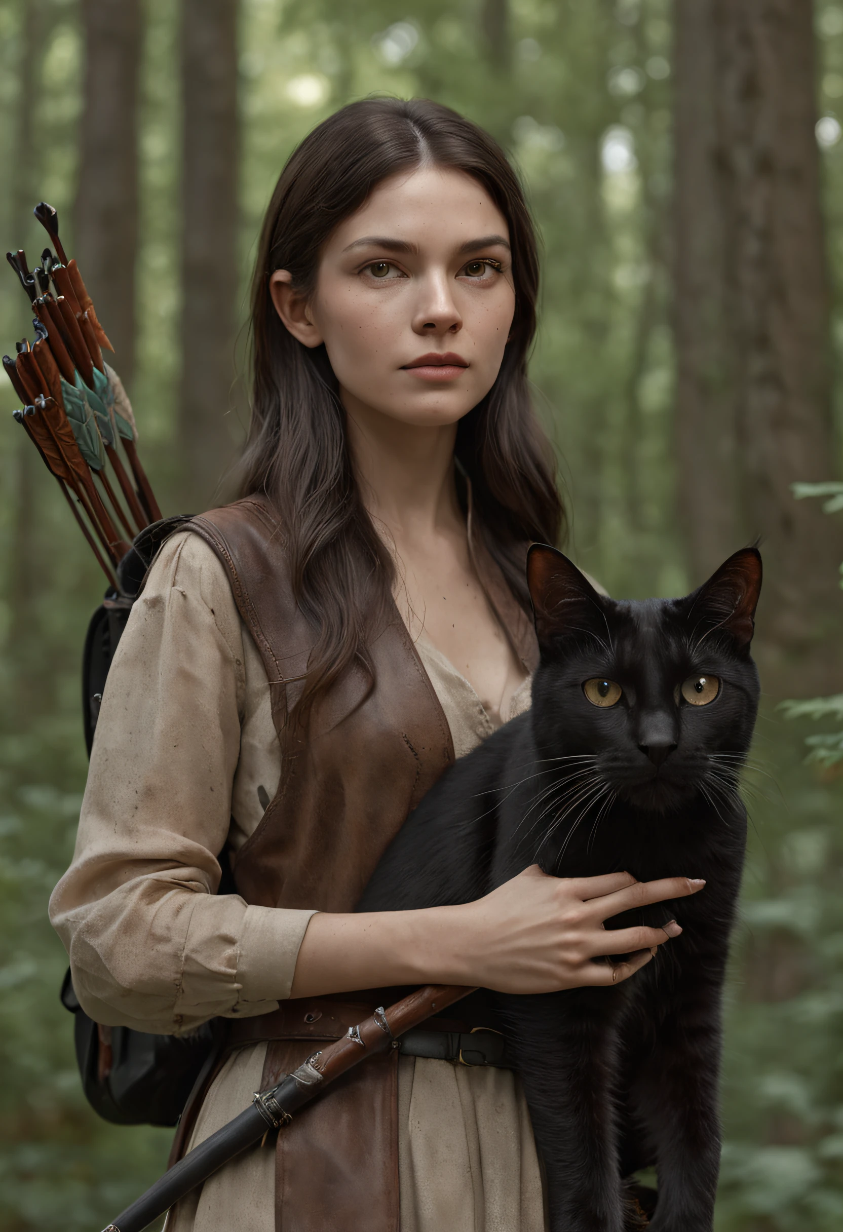fechar, retrato. female hunter with a quiver of arrows
behind her and with her a large black cat on the edge of the forest, perfect composition, bonito, detalhado, intrincado, Intricate octane render trend in Artstation, 8 k artistic photography, arte conceitual fotorrealista, soft natural volumetric cinematic perfect light, Chiaroscuro, Fotografia premiada, master part, oil on the canvas, Raphael, Caravaggio, Greg Rutkowski, bipe, Beksinski, Giger