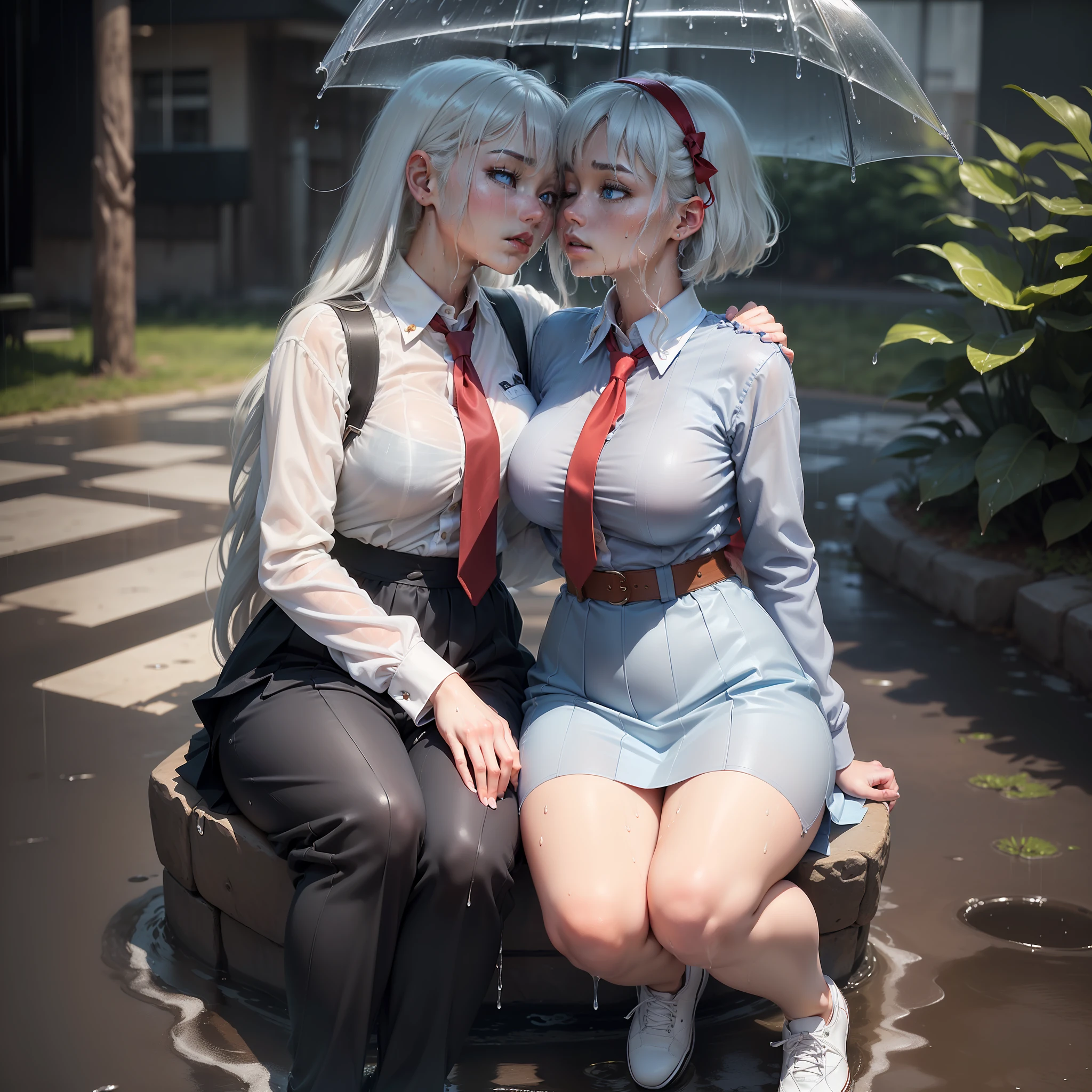 (((tmasterpiece))), (((best qualityer))), (((There are only two different people))), (((soio))), highr, ((((((1 girl with short white hair and 1 girl with long white hair are kissing)))))), ((((1 girl, she has white hair,eBlue eyes,1 girl, he has short white hair,Red eyes are classmates)))), ((((They come in different hair colors,Eyes are not confused)))), (Kei and Kiyotaka Ayanoji looked at each other), (2 Kei and Ayanoguchi Kiyotaka looked at each other's classmates), (kei1), (((((she has blue eyes))))), (She has long hair), (she wears a school uniform), (She has tapes), (She has bangs), 鎖骨, (((she has gray hair))), (she has black hair band), (She has neck tape), (hair between eye), (She has huge breasts), (cow boy shot), (She looked at Ayanoji Kiyotaka seriously), (anatomically correct whole body), (Standing in the street and raining), (This man with a sad and worried face), (Complete detailed plan), (1girll), (Ayanoji Kiyotaka), (15-year-old girl), (((she wears a school uniform, white shirt, Open white shirt, red necktie, Long black pants, Sat down;))), ((((he has red eyes)))), ((He has short white hair)), (((anatomically correct whole body))), (((Normal legs))), (((He wore white shoes))), (He was watching Kyo 1), ((He was in front of Kei,With his eyes closed, he wanted to give her a kiss)) , (he's facing Kei), (Wonderful scenes), (mistic), (Complete scenario), ((((They are immersed in a lot of passion and wear)))), ((((They are being wet by the rain along with their clothes)))), ((Their bodies are anatomically correct and detailed,no mistake))
