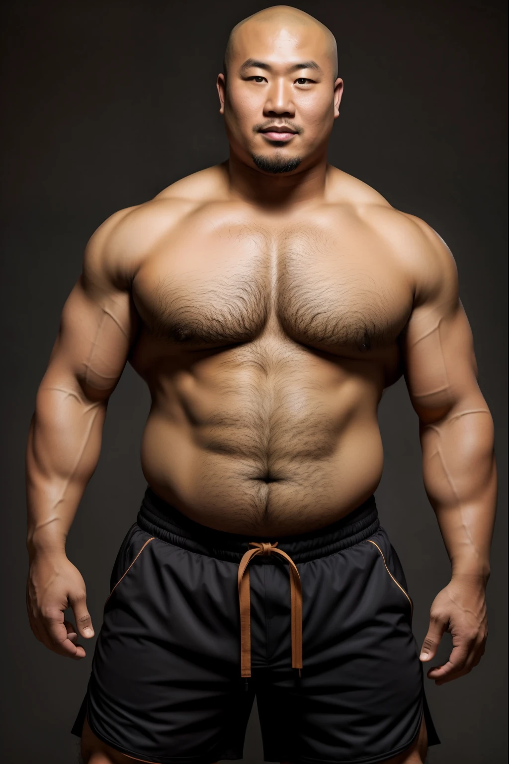 A Mongolian man poses for a group photo wearing sports shorts, mongol，bald-headed，Thick body hair，mid-shot of a hunky, Strong masculine characteristics, sexy muscular body, partially male hairy torso,masculine and strong，sexy muscular upper body,Fat belly,light tan skin, robust stocky body, beefy, belly button showing, half man half asian black bear, potbelly, dad bod, half man half asian black bull,