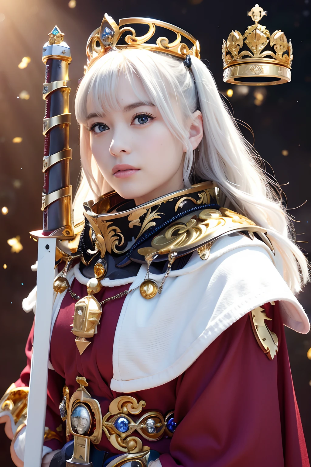 (masutepiece), Professional , ​masterpiece、top-quality、photos realistic , depth of fields （Gemstone Silver Metal Body:1.９),(Matte White、 Gold Weapon_（Metal:1.４),Gorgeous metal weapons , Detailed Sword of the Brave , Beautiful knife   ,warhammer 40k , adepta sororitas,Detail and ornate jewel crown、Brown hair、Gangle's forest background、Beautiful Caucasian beauty、１a person、dynamic ungle,(((Detailed and ornate diamond crown)))、Particles of light、