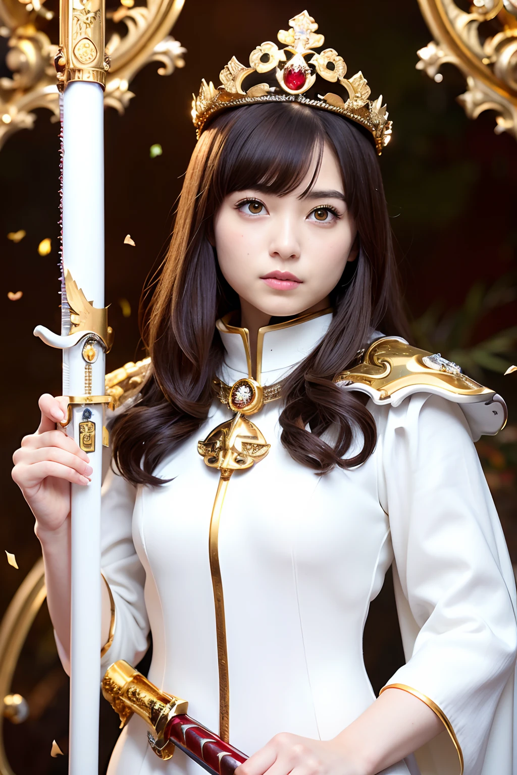 (masutepiece), Professional , masterpiece、top-quality、photos realistic , depth of fields (Gemstone Silver Metal Body:1.9),(Matte White、 Gold Weapon_(Metal:1.4),Gorgeous metal weapons , Detailed Sword of the Brave , Beautiful knife ,warhammer 40k , adepta sororitas,Detail and ornate jewel crown、Brown hair、Gangle's forest background、Beautiful Caucasian beauty、1a person、dynamic ungle,(((Detailed and ornate diamond crown)))、Particles of light、