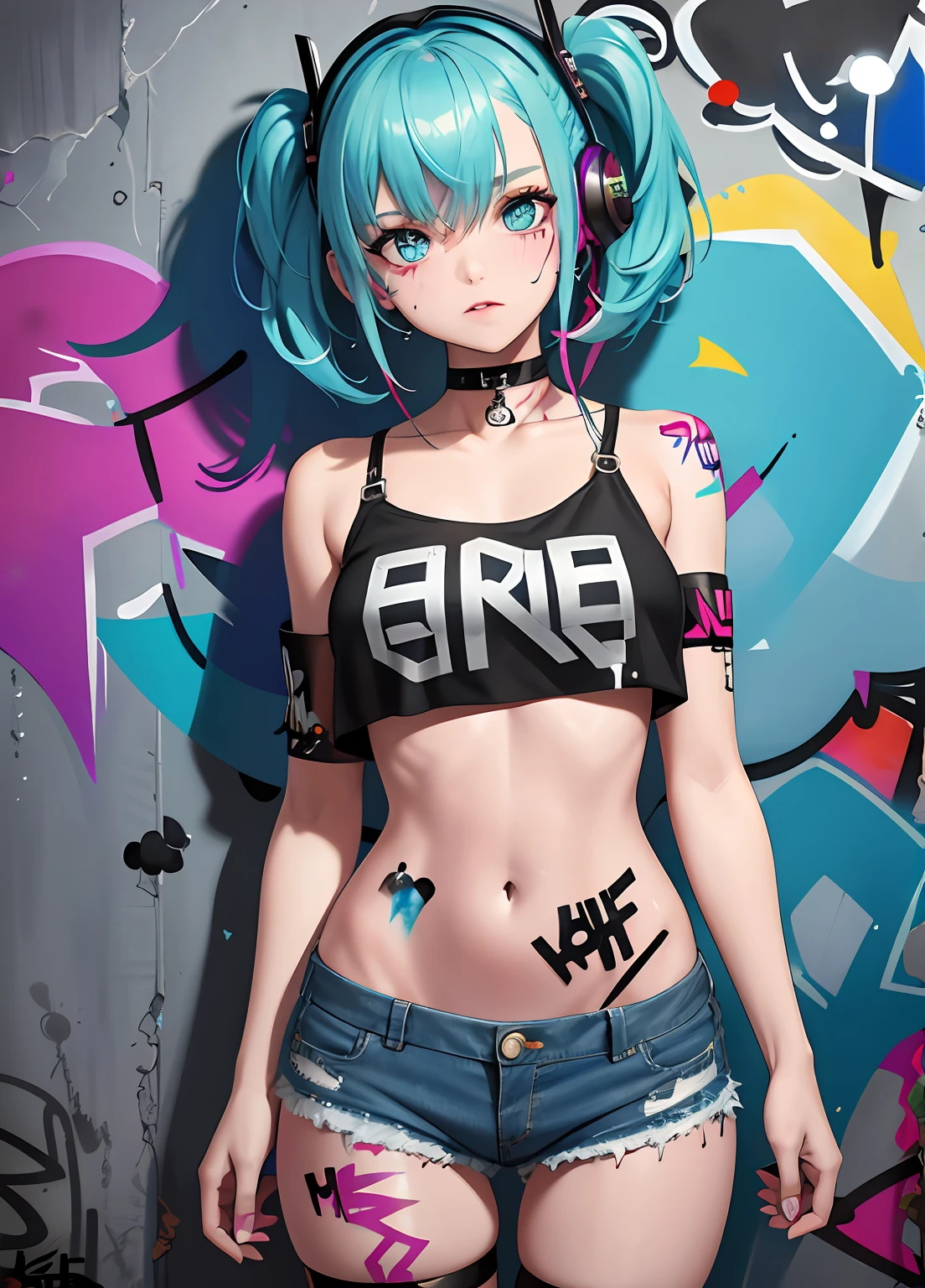 obra-prima, melhor qualidade, 1girl, solo, crop top, shorts jeans, gargantilha, (graffiti: 1.5), respingo de tinta, arms behind back, contra a parede, olhando para o espectador, clamp, thigh strap, pintura no corpo, head tilt, entediado, cabelo multicolorido, aqua eyes, fone de ouvido, nsfw