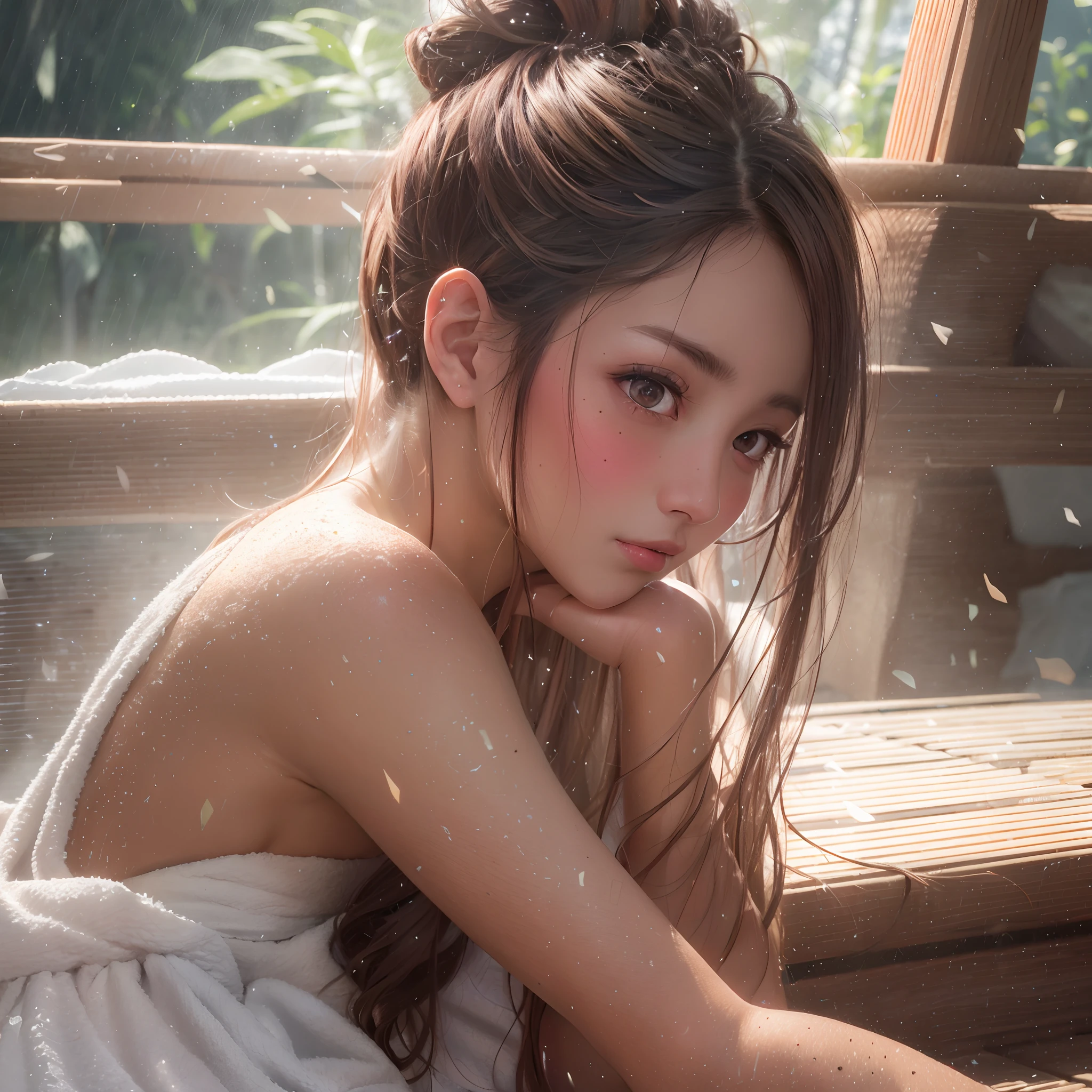 ((top quality)), ((photorealsitic)), ((sharp focus)), (raw photo), (Bright lighting), ((sauna)),
(1girl), (beautiful Woman), (small breasts), (standard body), (wet body), (shiny skin),
(white big size towel strapless long dress),
(ultra delicate face), (ultra Beautiful fece), (ultra delicate eyes), (ultra detailed nose), (ultra detailed mouth), (realistic body),
(hair bun, single braid, dark brown hair),
(Sitting on a wooden bench), (frontal face)