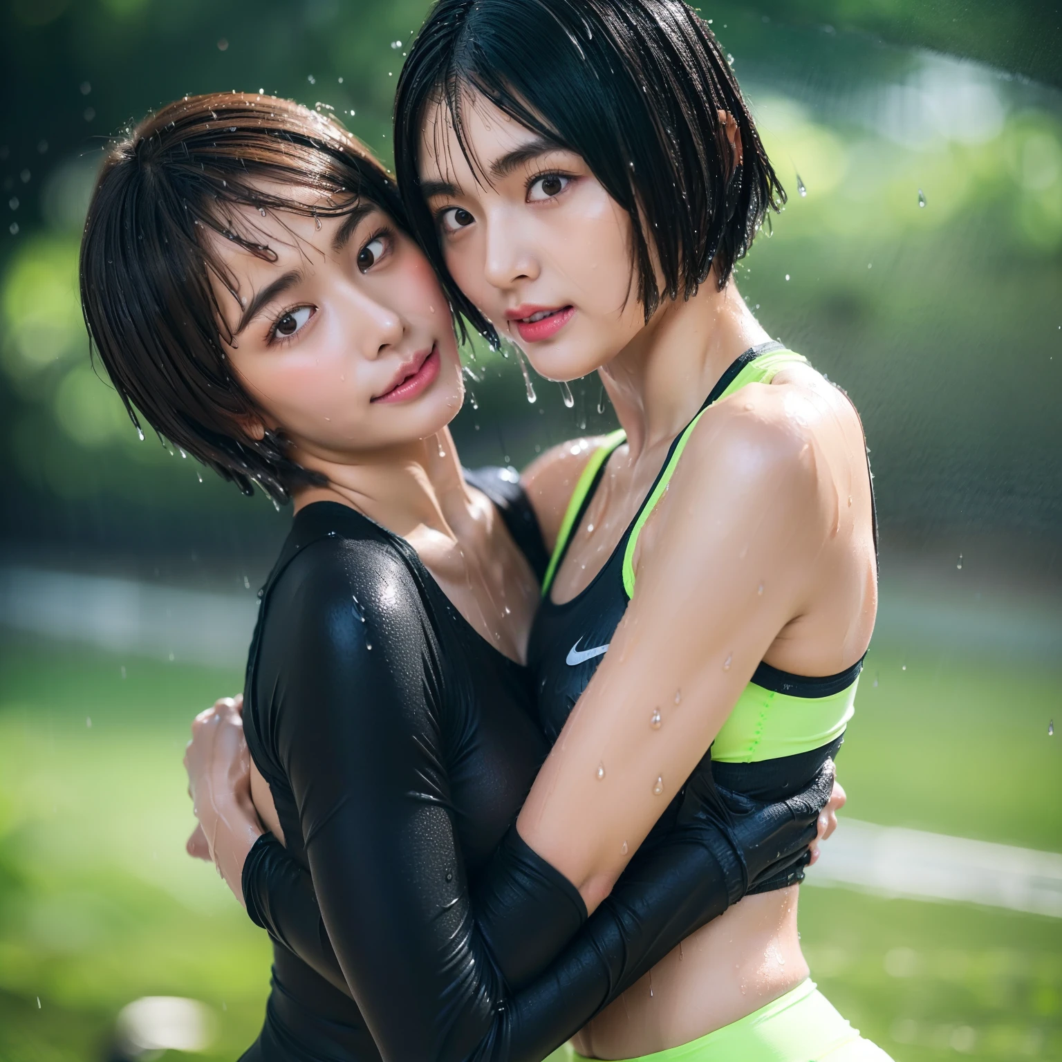 (2girls), (a detailed full body RAW photo of a girl), (masterpiece:1.0), (best quality:1.4), (ultra highres:1.2), (photorealistic:1.4), 8k resolution, Canon EOS R5, 50mm, absurdres, ultra detailed, (18yo), sharp focus, cinematic lighting, detailed beautiful face, (no make up:1.2), (ulzzang-6500-v1.1), petite figure, detailed skin texture, suntan skin, flat chest, (skinny and fit body:1.6), thigh gap, detailed brown hair,  sweltering,(very short hair:1.5), realistic glistening skin, (sweating:1.45), nfsw, heavy breathing, humid, (small titts, cameltoe, erect nipples:1.2), (lime green and black nike spandex competition sports bra:1.2), (spandex tights:1.5), (japanese athlete, flat chest:1.5), well-developed abdominal, (hug each other gently:1.5), wet body, (small titts:1.5), (rain:1.5), (wet wear:1.5)