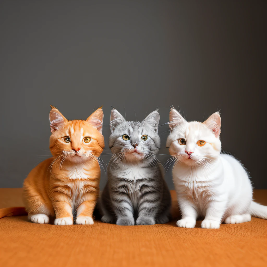 catss，orange cat，Fat Chubby，Gray and white cat，Disney  style，wearing DRK_glam，（brightly：1.4），（8K，RAW photos，best qualtiy，tmasterpiece：1.2），The expression is pitiful，Little milk kittens