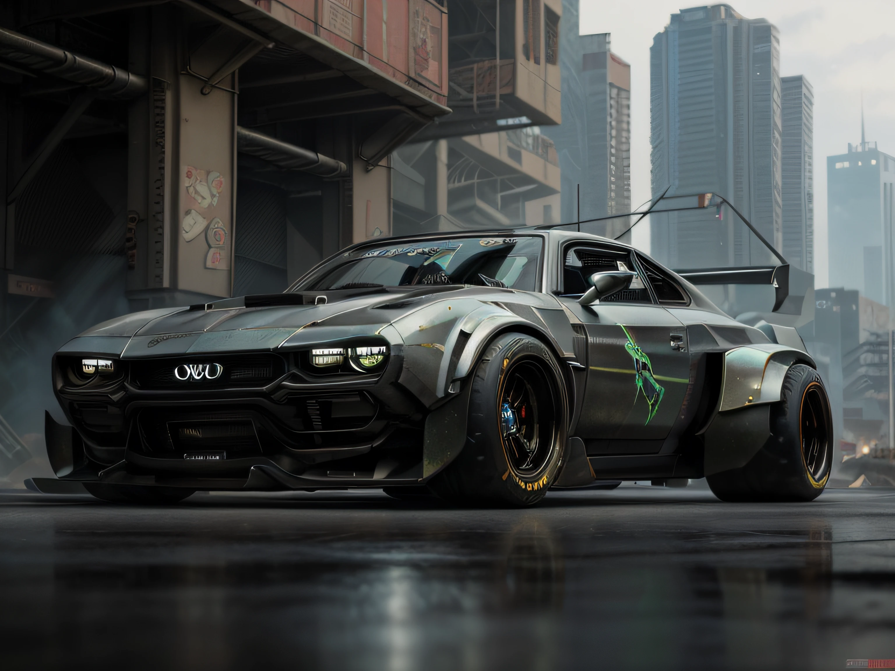 a 3/4 front view of ((futuristic cyberpunk hotrod zeekars)) (with glowing tires), at the parking lot,