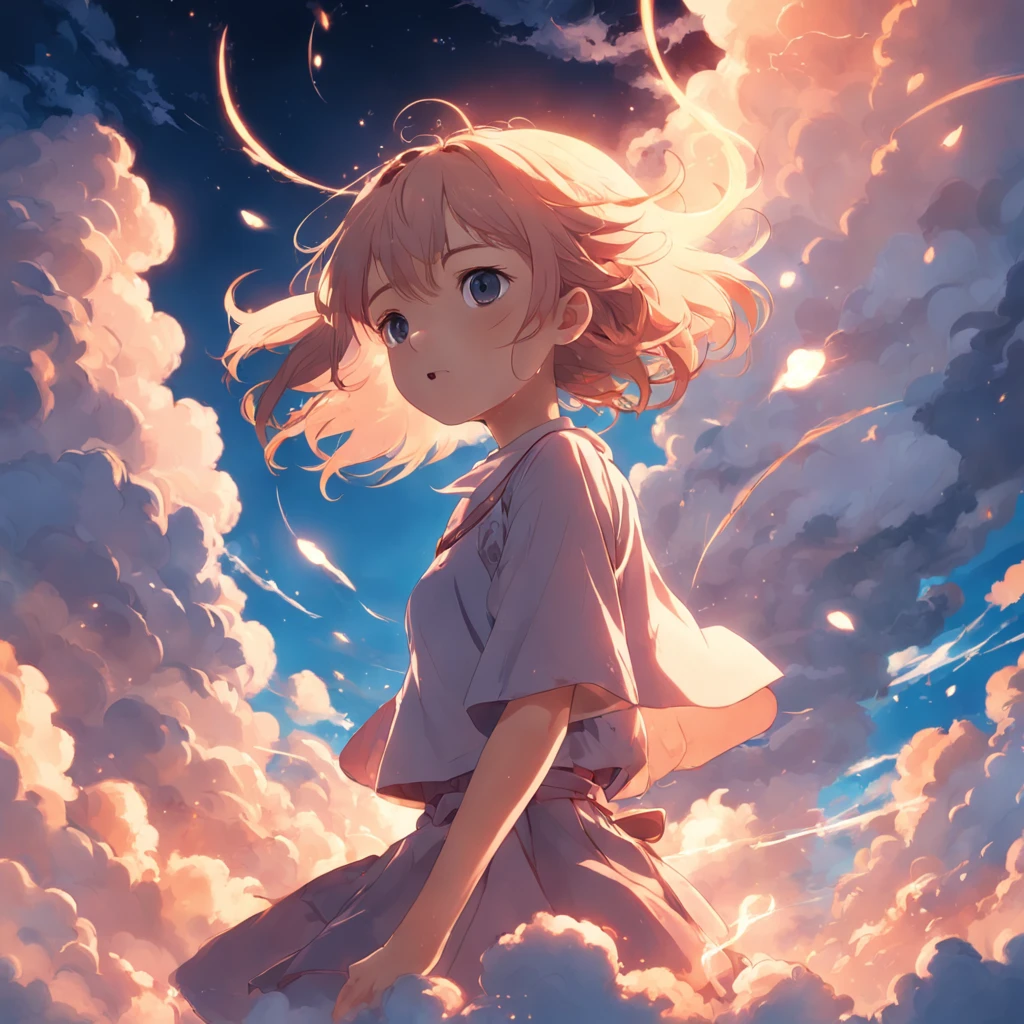 masterpiece, best quality, movie still, 1girl, cloud girl, floating in the sky, close-up, bright, happy, warm soft lighting, sunset, (sparks:0.7)