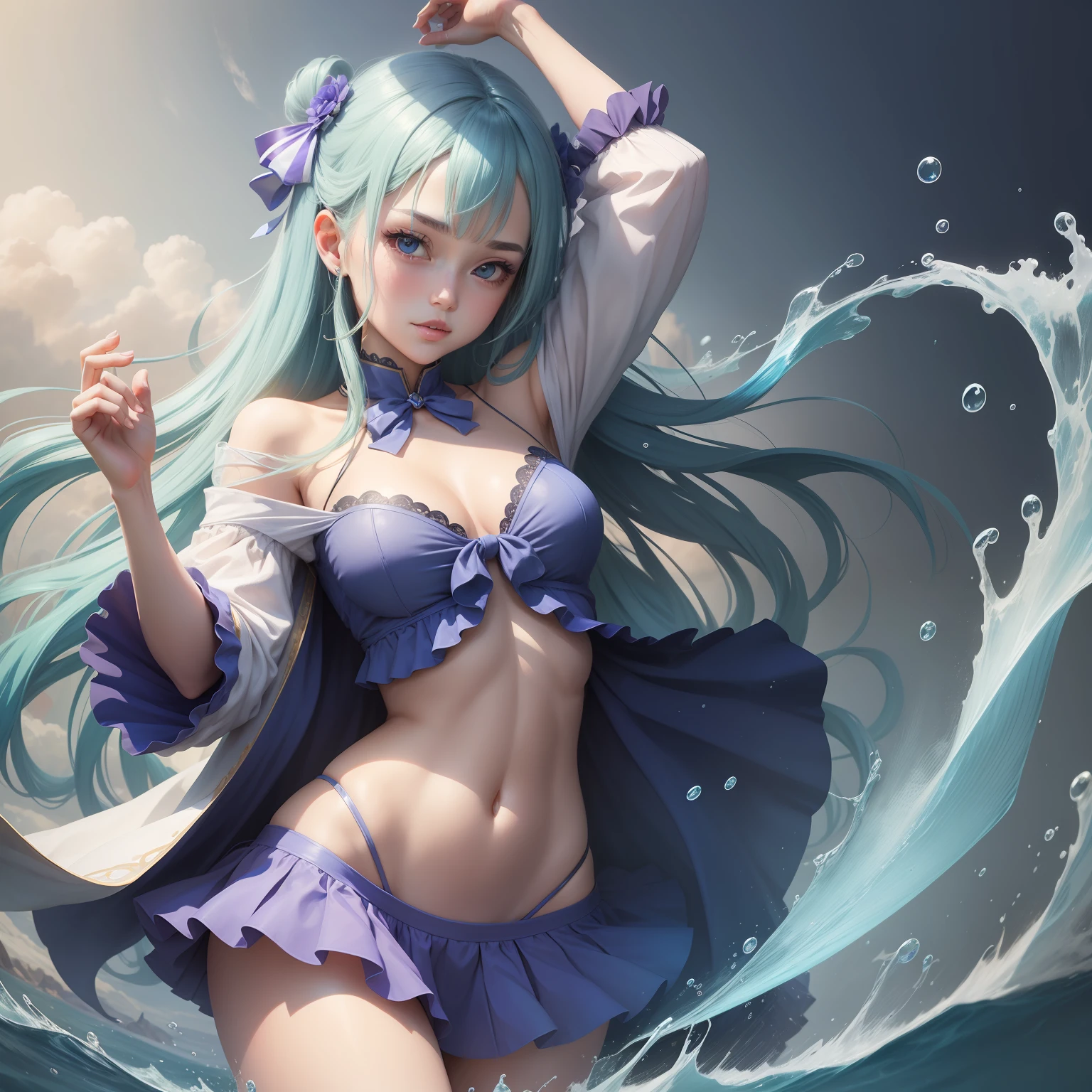 2D Beautiful Girl,Will magic,Open navel,water elemental,short skirt。