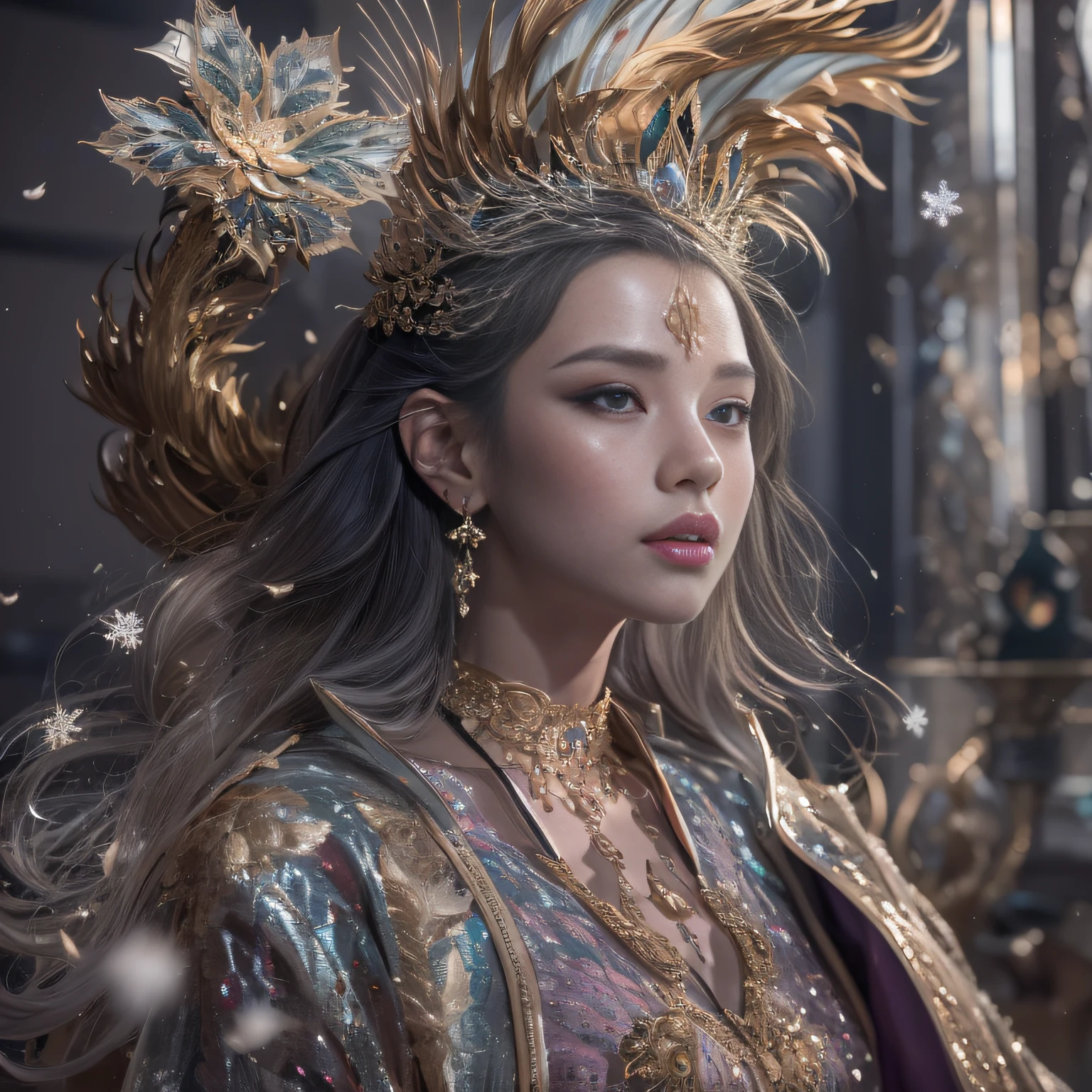 16k(tmasterpiece,k hd,hyper HD/short detailed hair,Gold jewelry area in the back room,King Girl ,Silver Dragon Protector (realisticlying:1.4),Python pattern robe,Purple-pink tiara,Snowflakes fluttering,The background is pure,Hold your head high,Be proud,The nostrils look at people, A high resolution, the detail, RAW photogr, Sharp Re, Nikon D850 Film Stock Photo by Jefferies Lee 4 Kodak Portra 400 Camera F1.6 shots, Rich colors, ultra-realistic vivid textures, Dramatic lighting, Unreal Engine Art Station Trend, cinestir 800,Hold your head high,Be proud,The nostrils look at people