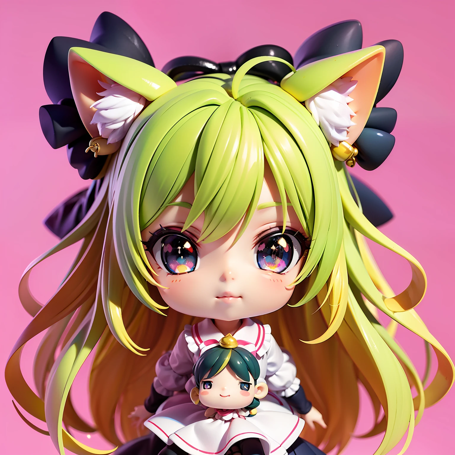 perfect-composition、Perfect pictorial composition、Nekomimi Gothic Girl、Cartoon girl with long hair、cartoon artstyle、Cartoon Cute Girl、Chibi Girl、Chibi、cute cartoon style、Cute art style、Cartoon style、Cartoon style illustration、Digital art of cartoons、Cute digital art、Cute anime girl、Chibi、estilo chibi、Kawaii Girl、an anime drawing、pop-art、Cartoon style illustration、３Equivalent、Head large、kawaii eyes、Glitter eyes、Sparkling eyes、kawaii faces、Innocent face、smooth hair、a blond、Golden hair、Pink ribbon、Girl in polka dot dress, cute kawaii girl, Cute anime girl, The upper part of the body、oblique、Pink background、tchibi、Has a small、Mini、Chibi、Hair is grated、Hair does not tie、Wearing a red ribbon in her hair