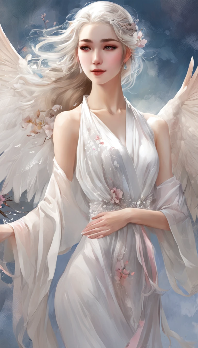(best qualtiy，tmasterpiece), Beautiful teenage girl, Beautiful goddess, Sexy goddess, white crane, salama, The right hand, anatomy correct, A long flowing dress, Slender legs Silver hair, By bangs, Detailed scenes, the night, starrysky, cold light, (in pink, white colors), (Skirt, One shoulder, Floral), ((from side)), ((uknee shot))), ((realistic))