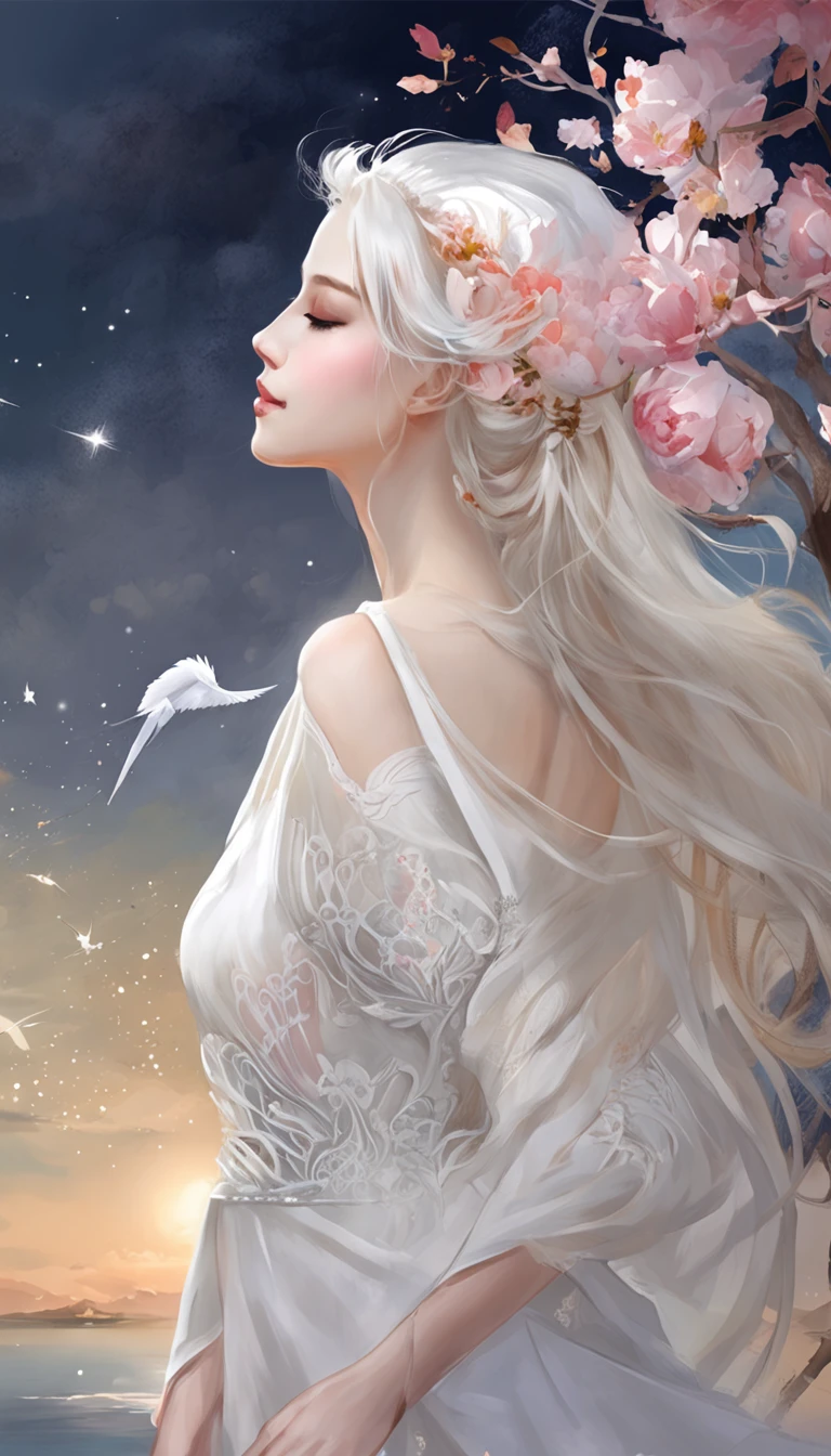 (best qualtiy,tmasterpiece), Beautiful teenage girl, Beautiful goddess, Sexy goddess, white crane, salama, The right hand, anatomy correct, A long flowing dress, Slender legs Silver hair, By bangs, Detailed scenes, the night, starrysky, cold light, (in pink, white colors), (Skirt, One shoulder, Floral), ((from side)), ((uknee shot))), ((realistic))