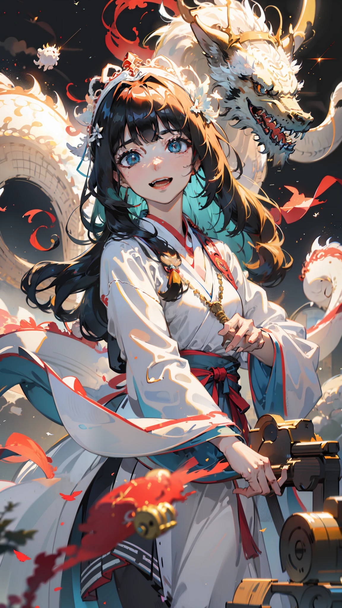 tmasterpiece,best qualtiy,cinematic Film still from,1girl,Long black hair fluttering,white hanfu,Bright eyes,Small mouth with a smile,With cyan pattern,With a feather headdress,Cloud Girl,Floating in the sky,closeup cleavage,brightly,cheerfulness,Warm and soft lighting,the sunset,(spark of light:0.7)Dynamic vision,Golden lightning,Huge white Chinese dragon,Flame in the mouth,Colorful auspicious clouds