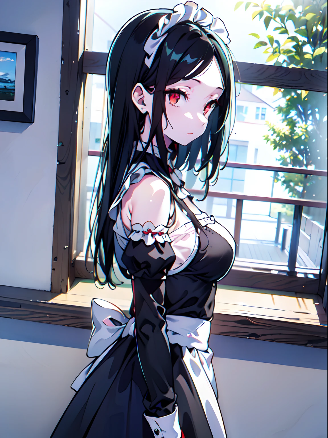 Rivertsukatsuki, River, black hair, (red eyes:1.5), hair ornament, hairclip, Halation, long hair,
、Extremely large breasts(7200)、、I can see your chest、Nipples are visible、Off-the-shoulder maid uniform、Black frill mini dress、Front facing、