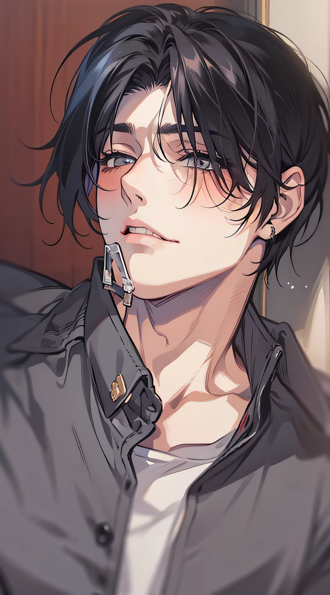 1 boy, jock, 25 years old, teen boy, universitary, handsome pale, mature, jock young man, smooth red skin, very smooth, Joo-Jae Kyung, teenage boy, black shirt, well tight, sexy, blushing, front face, yaoi. dominator, horny face, intimidating boy, black medium hair, manhwa style, mingwa, BJ Alex, Jinx, sexy, Blushing, dominator, Smooth Contour, Manhwa, bright eyes