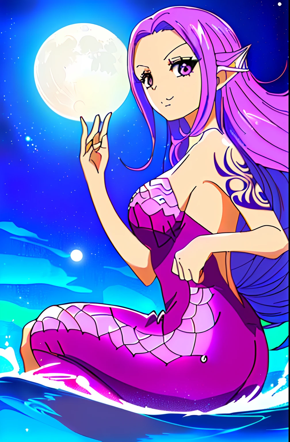 Blue-purple gauze dress，Style，Pure desire coexist，Raised sexy，Purple wavy curls，Blue fish tail，mermaids，Star-shaped scar on the forehead，Tattoo of the star and moon on the left hand，Blue fairy rose on the left shoulder，Purple eye，There are eyelashes，Deep eye sockets，二重まぶた，Water fruit，Water，Ride a pink dolphin，Sail on the sea，