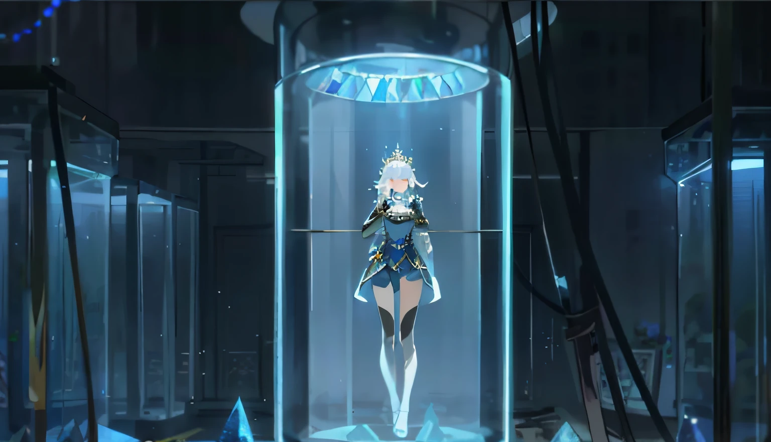 The girl was quietly suspended in a glass container，with a serene expression，Sleeping，Outside the terrarium there is a fallen royal sister woman，This royal sister female has crystals attached to her body。There are two women in total