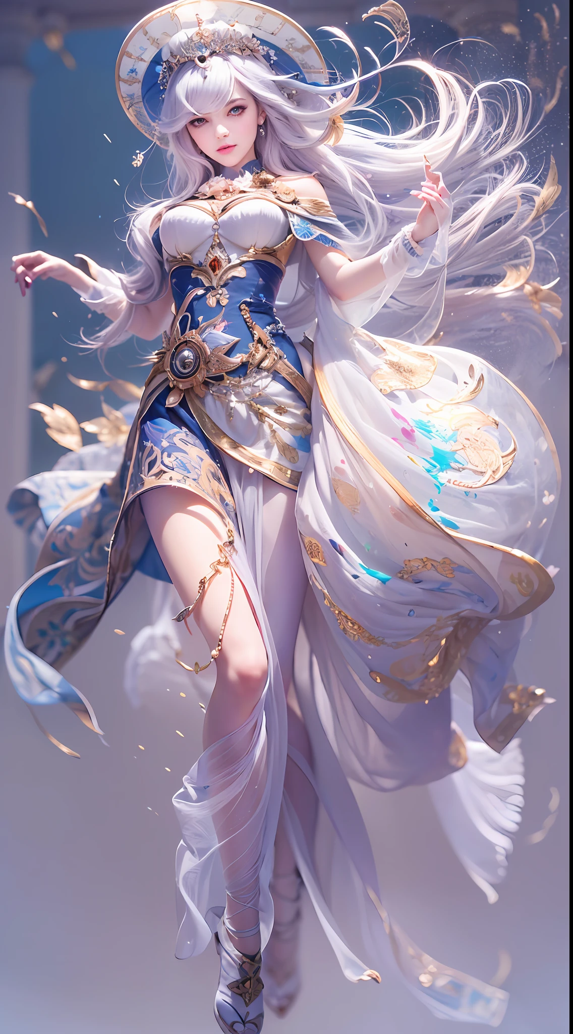 best quality, masterpiece, (realistic:1.2), 1 girl, detailed face, beautiful eyes, (masterpiece:1.2, best quality), (finely detailed beautiful eyes: 1.2), (extremely detailed CG unity 8k wallpaper, masterpiece, best quality, ultra-detailed, best shadow), (detailed background), (beautiful detailed face, beautiful detailed eyes), High contrast, (best illumination, an extremely delicate and beautiful),1girl,((colorful paint splashes on transparent background, Dulux,)), dynamic angle, beautiful detailed glow, full body, cowboy shot, white hair, purple eyes,