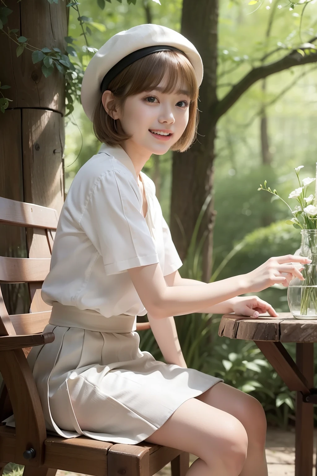 Photo Real、photoRealstic、top-quality Beige hair、short-haired、Lots of bangs、Hair bouncing outward、bouncing hair、Messy bouncing hair、beret The contours of the face are round、small mouth、a small face、drooing eyes、big eye、a 、Beautiful skin Fashionable clothes in white、White long skirt、long skirt、Skirt to the feet 独奏、18year old、young body、skinny body、Beautiful skins Laughing、Laughing expression、Facial expressions to enjoy、Sit elegantly in a chair Background with、in woods、Sunlight shines in、Shade、beautiful forest、Wooden chair、vases