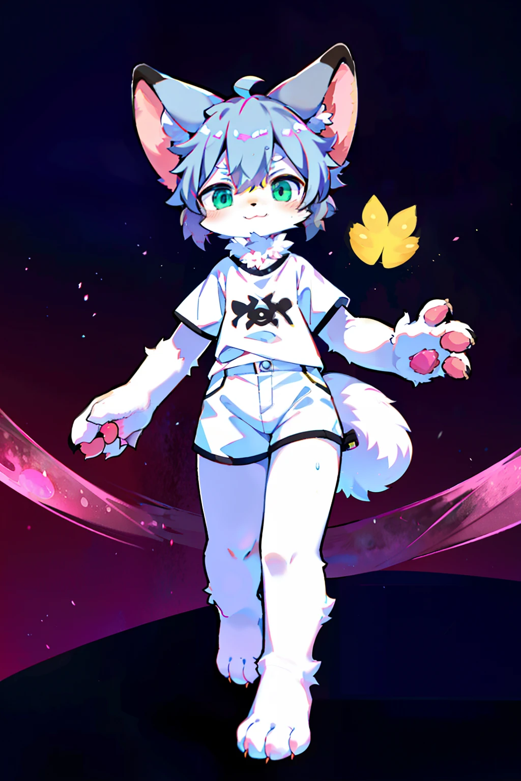 Snow Fox (((masterpiece))), collar, ((angel Wings:1.45)), (headphones:1.4), short hair, (neon pink hair:1.35), ((Femboy Thigh Highs, furry Thigh Highs:1.5)), full body, ((womb tattoo, glowing crotch tattoo:1.52)), Full HD, 8K, ((night hoodie, short pants:1.65)), ((underwear:1.35)), ((full moon, blue moon:1.45)), (small breasts:1.35), (shy:1.55), winter land, ((blue eyes:1.45)), ((pink eyes:1.35)), ((thin:1.55)), (body fluffy:1.55), (tomboy:1.55), shota con, 淫紋, ((canine:1.34)) (claw:1.15), ((white body:1.36)), (magic:1.35), sleepy, virginity