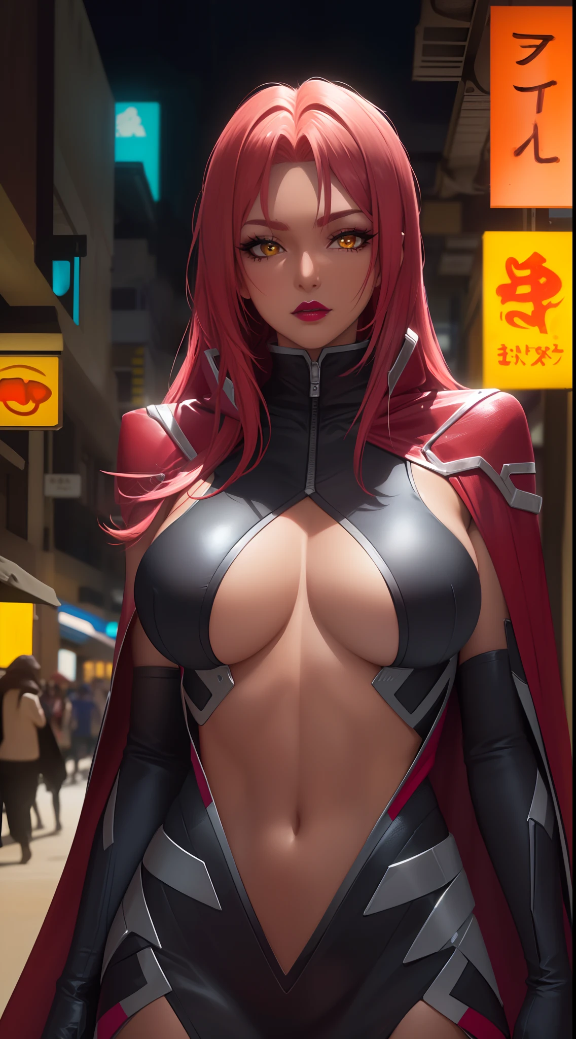 (highres, high quality:1.2), intricate details, cinematic lighting, sharp focus, depth of field, Ingrid, 1girl, mature female, (dark-skinned female:1.1), dark skin, ((upper body, half body shot:1.3)), (looking at viewer, sunny beach, determined, pink red hair, very long hair, hair intakes, makeup, lipstick, (mole under mouth:0.8), eyelashes, yellow eyes, detailed face, helloutfit, red cape, black (turtleneck:1.1), (underboob:1.1), black elbow gloves, (coattails:1.1), revealing clothes, center opening, (multicolored clothes:1.1) midriff, natural large breasts, (solo:1.4)