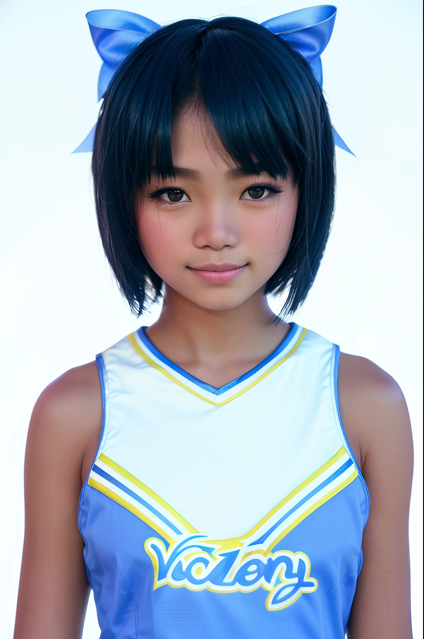 Lifestyle photography photo of a filipina in a (blue cheerleader uniform), ((hair bow)), (dark skin), bob haircut, smile,looking at viewer, upper body framing, no background, under (natural lighting:1.3), shot at eye level, on a Sony A7111, with a (soft focus filter:1.3)