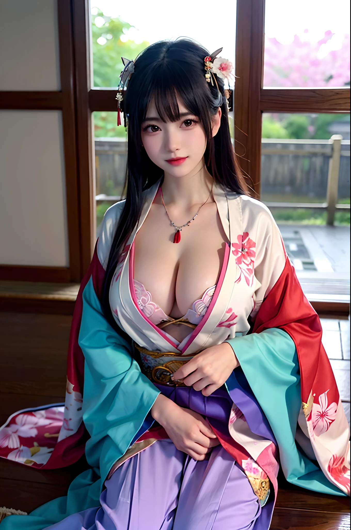 ((legs are open, the crotch is wide open)), (Cinematic light, Top quality, 8K, Masterpiece: 1.3), (world wonderful, Japan goddess, Japan Beautiful Girl, Koreainsta Goddess), (Upper body), (One girl), (necklace, Bracelet, anklet, leg loops), (Huge, cleavage, Exposed breasts, Sexy cleavage, Very detailed breasts), (Huge breasts), A la Fed woman in kimono, komono, classic kimono, komono, Japan kimono, long beautiful flowing kimono, intricate geisha kimono, Red or purple kimono,With floral motifs, Japanese style, in a kimono, legs are open, the crotch is wide open, inspired by Kano Hogai,