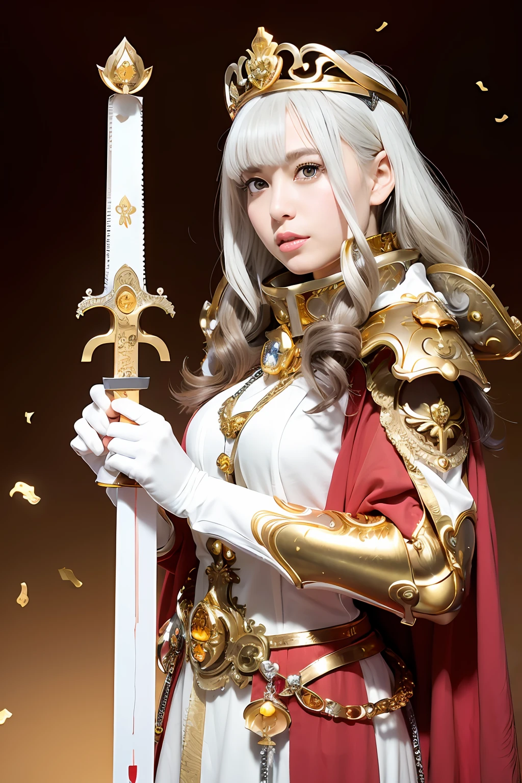 (masutepiece), Professional , ​masterpiece、top-quality、photos realistic , depth of fields （Gemstone Silver Metal Body:1.９),(Matte White、 Gold Weapon_（Metal:1.４),Gorgeous metal weapons , Detailed Sword of the Brave , Beautiful knife   ,warhammer 40k , adepta sororitas,Detail and ornate jewel crown、Brown hair、Gangle's forest background、Beautiful Caucasian beauty、１a person、dynamic ungle,(((Detailed and ornate diamond crown)))、Particles of light、