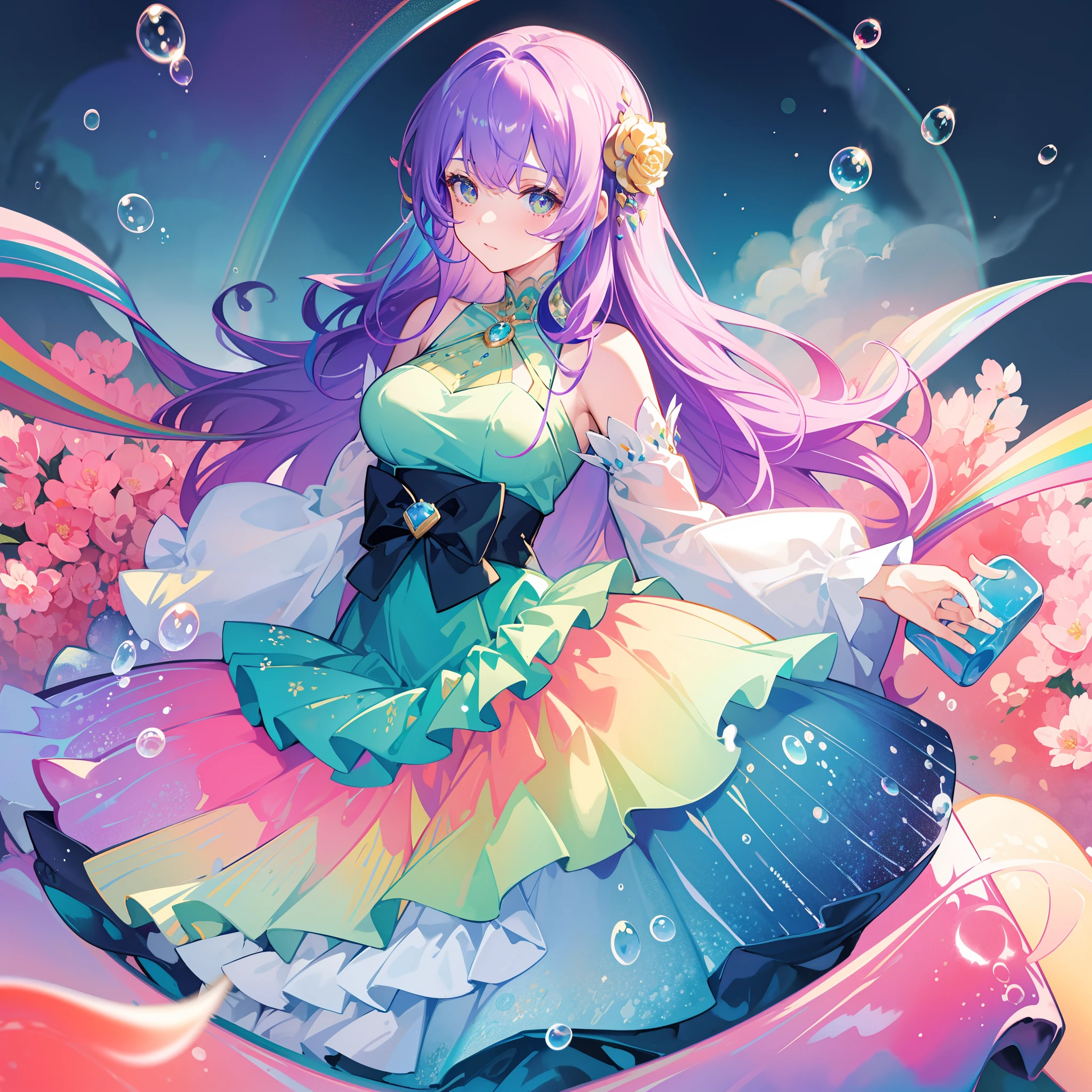 masterpiece, best quality, intricate details, beautiful girl, sparkling eyes, otherworldly liquid fantasia background, watercolor, bright vibrant colors, whimsical, colorful, layered tiered puffy long sleeve ballgown, ((iridescent rainbow bubbles))