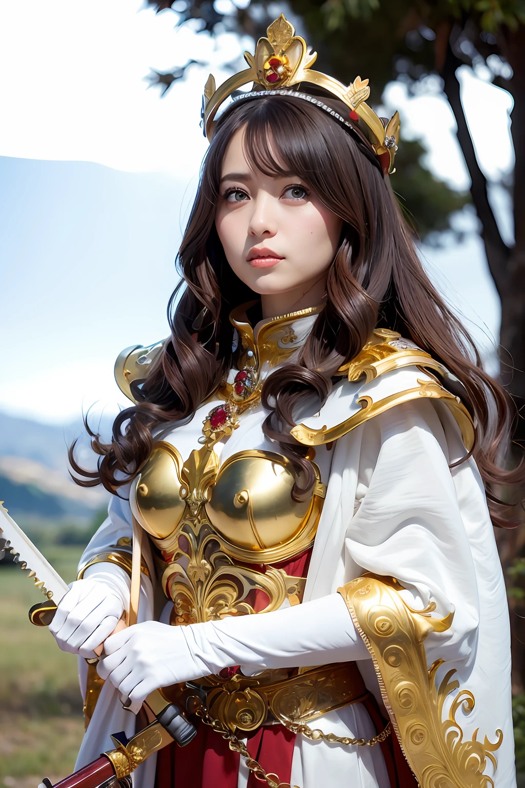 (masutepiece), Professional , masterpiece、top-quality、photos realistic , depth of fields (Gemstone Silver Metal Body:1.9),(Matte White、 Gold Weapon_(Metal:1.4),Gorgeous metal weapons , Detailed Sword of the Brave , Beautiful knife ,warhammer 40k , adepta sororitas,Detail and ornate jewel crown、Brown hair、Gangle's forest background、Beautiful Caucasian beauty、1a person、dynamic ungle,(((Detailed and ornate diamond crown)))、Particles of light、
