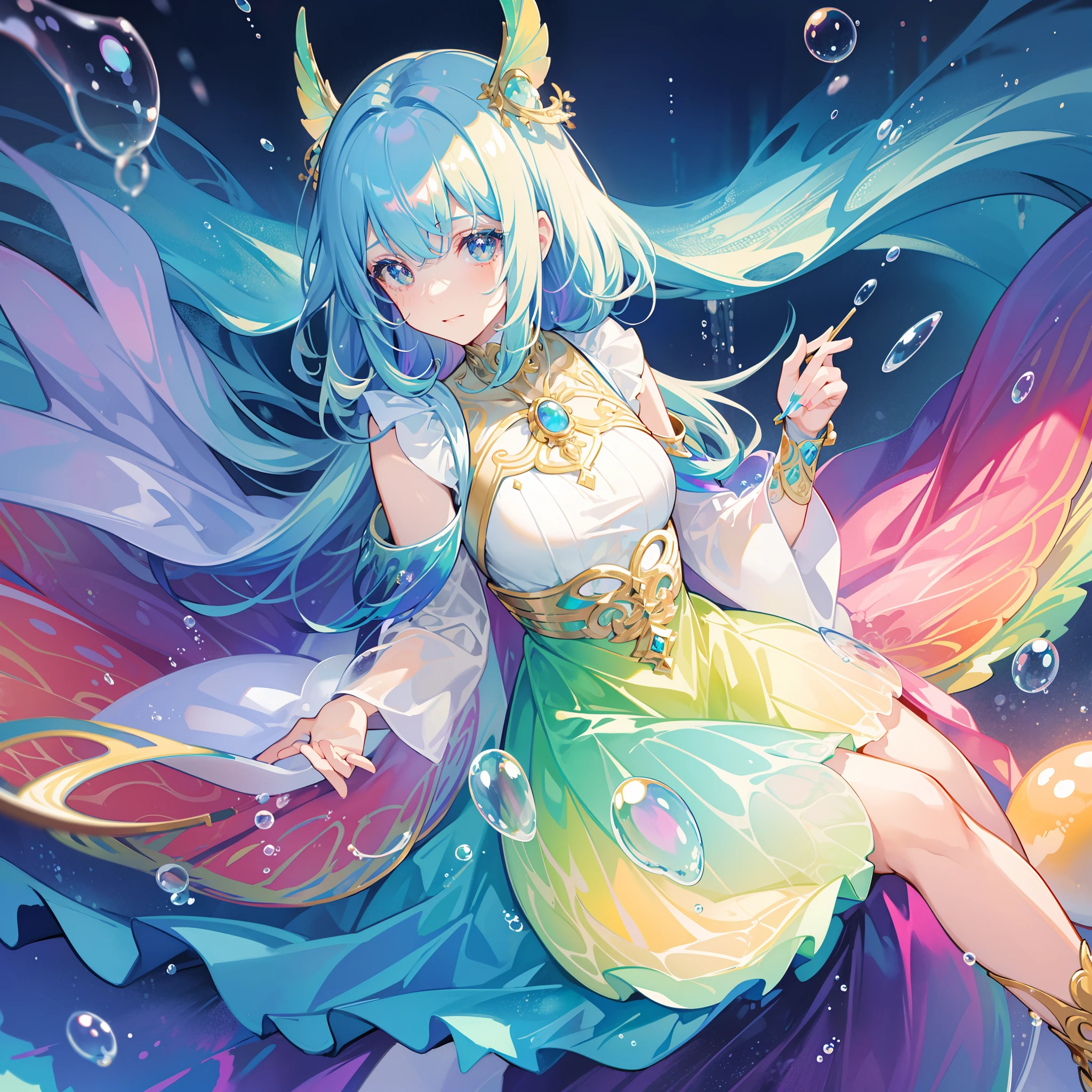 masterpiece, best quality, intricate details, beautiful girl, sparkling eyes, otherworldly liquid fantasia background, watercolor, bright vibrant colors, whimsical, colorful, layered tiered puffy long sleeve ballgown, ((iridescent rainbow bubbles))