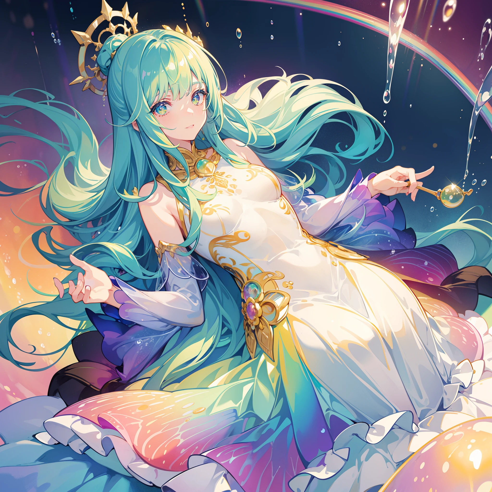 masterpiece, best quality, intricate details, beautiful girl, sparkling eyes, otherworldly liquid fantasia background, watercolor, bright vibrant colors, whimsical, colorful, layered tiered puffy long sleeve ballgown, ((iridescent rainbow bubbles))