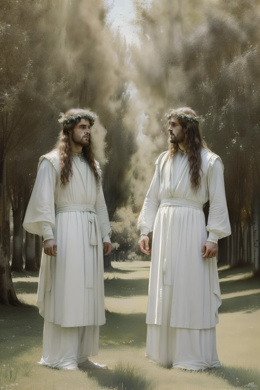 (((Pre-Raphaelite painting of two men in white, Druids in the Alameda de Álamo-Tremedor, birch, Cogumelos, Poplar-tremedor, twin brothers, paisagem celta, outono, folhas amarelas)))
