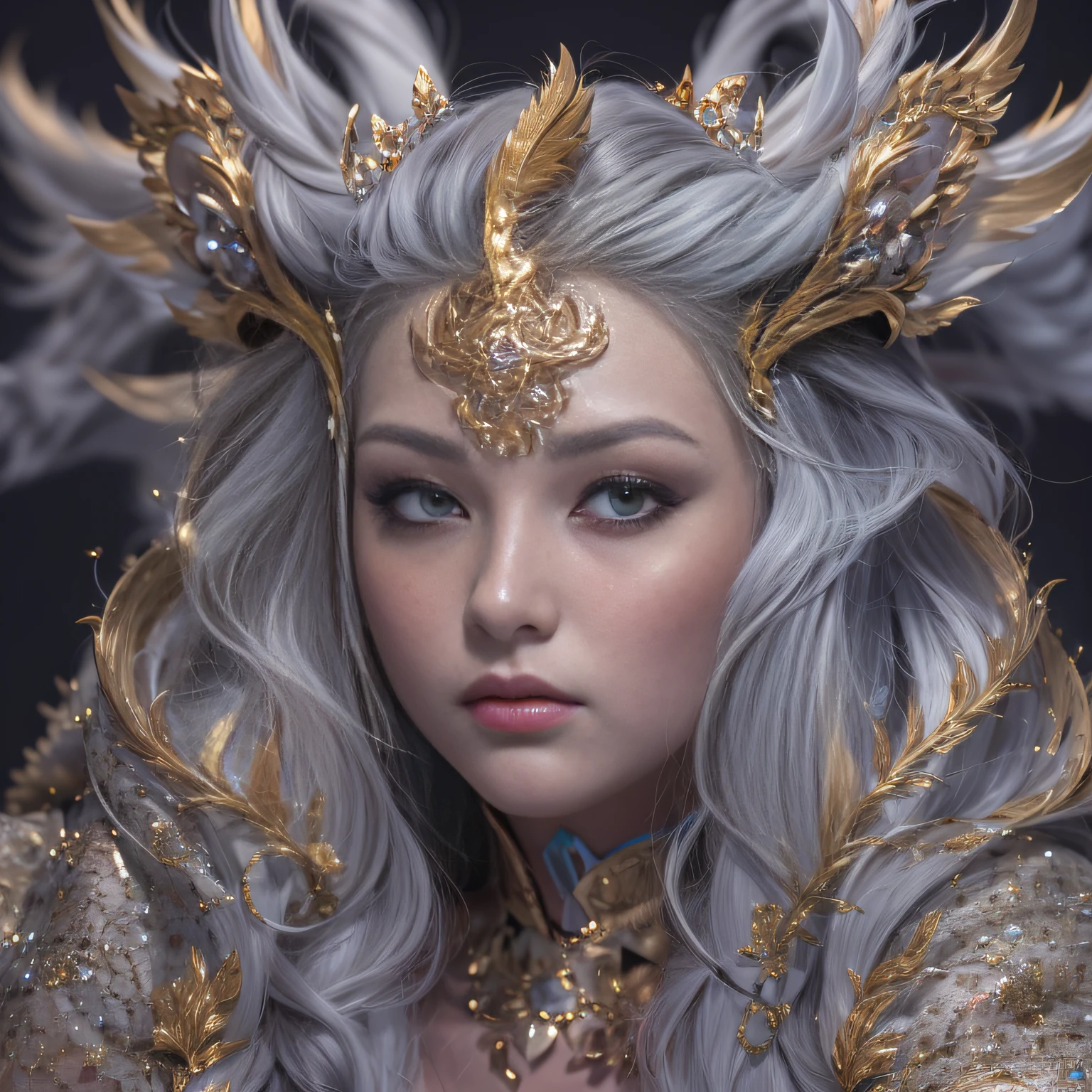 16k(tmasterpiece,k hd,hyper HD,16k)short detailed hair,Gold jewelry area in the back room,King Girl ,Silver Dragon Protector (realisticlying:1.4),Python pattern robe,Purple-pink tiara,Snowflakes fluttering,The background is pure,Hold your head high,Be proud,The nostrils look at people, A high resolution, the detail, RAW photogr, Sharp Re, Nikon D850 Film Stock Photo by Jefferies Lee 4 Kodak Portra 400 Camera F1.6 shots, Rich colors, ultra-realistic vivid textures, Dramatic lighting, Unreal Engine Art Station Trend, cinestir 800,Hold your head high,Be proud,The nostrils look at people