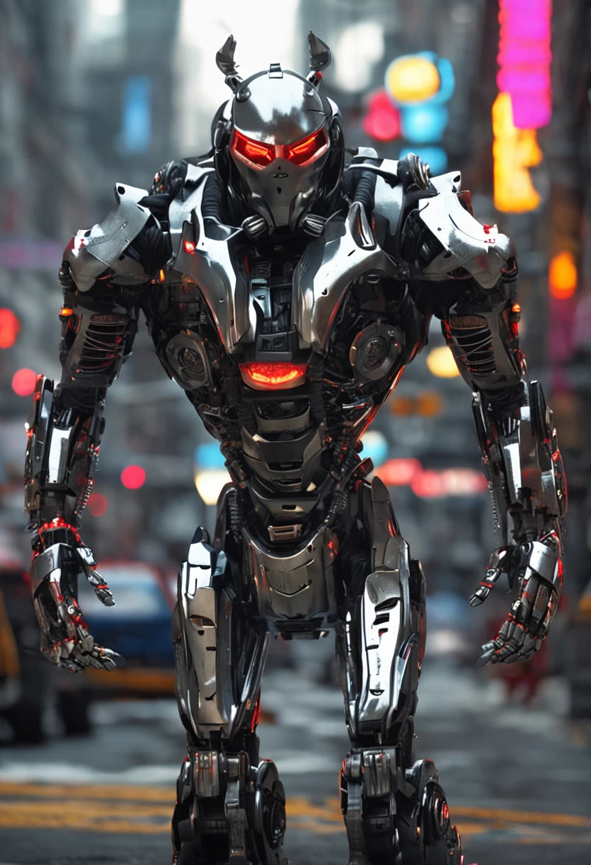 A strong robot with a mask similar to Jason's, it has a scorpion tail on its head, it has a black and white metallic color, it has tank wheels on its feet