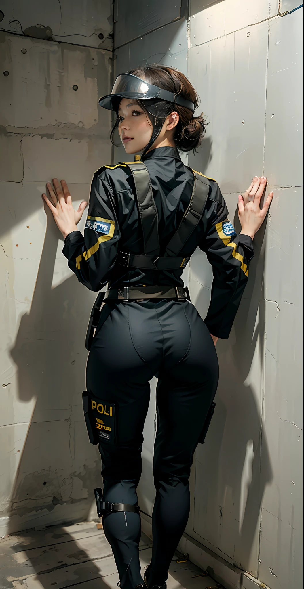 Highest image quality, outstanding details, ultra-high resolution, (realism: 1.4), (full body+foot, from behind, looking at the wall), ((highly condensed 1girl surrender, standing with putting your hands up wide on the wall, open legs)), big waist:0.7, thick thigh:0.7, perfect proportion, (chubby:0.75),  ((holding the wall)), short hair, captain, (wearing racing suit likes police uniform, black and gray mecha, wearing a visor, military harness, grenades, holding the wall), background simple grey wall,